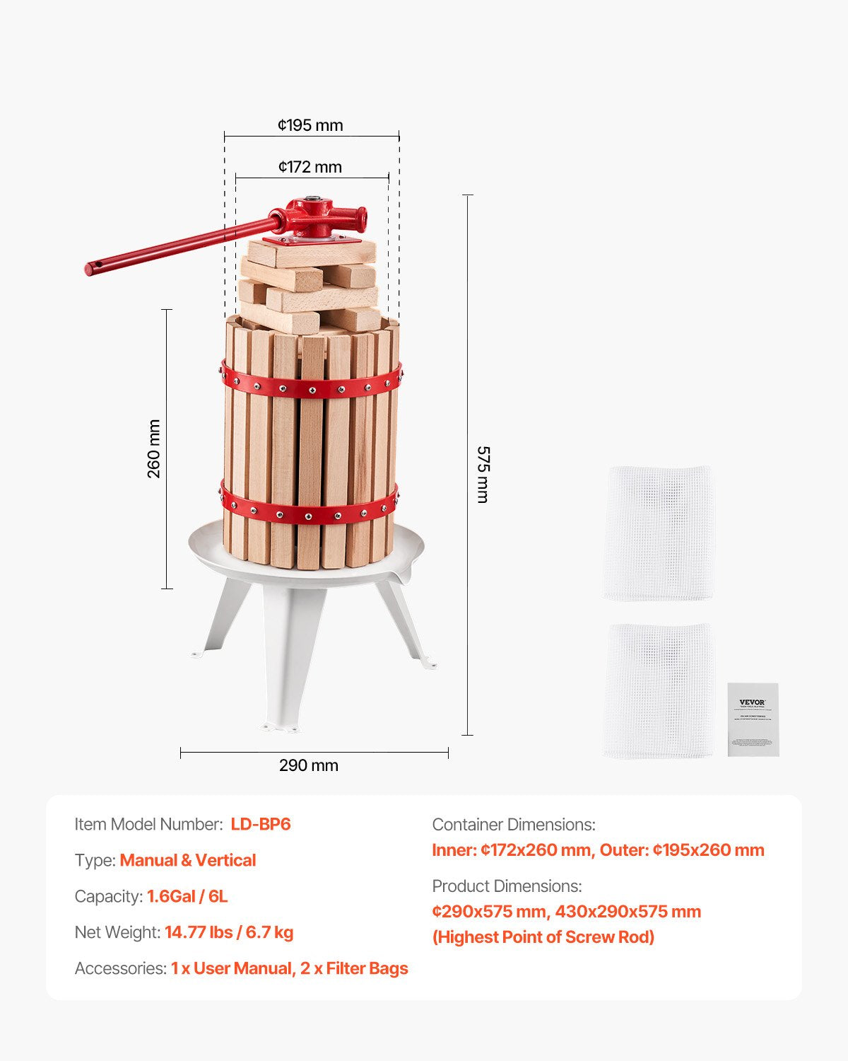 1,6 gal/6 l fruktvinpress, massiv träkorg med 8 block, kraftig manuell juicemaskin, cider-äpple-druvtinktur-honung-olivoljepress med handtag för kök, hem