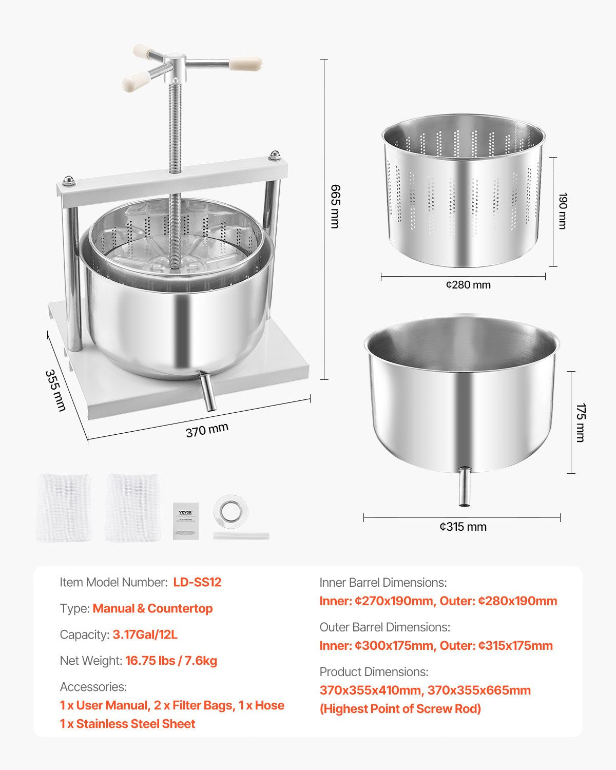 3,17 gal/12 l fruktvinpress, 2 fat i rostfritt stål, manuell juicemaskin, cider-äpple-druvtinktur-honung-olivoljepress med triangulärt handtag för utekök
