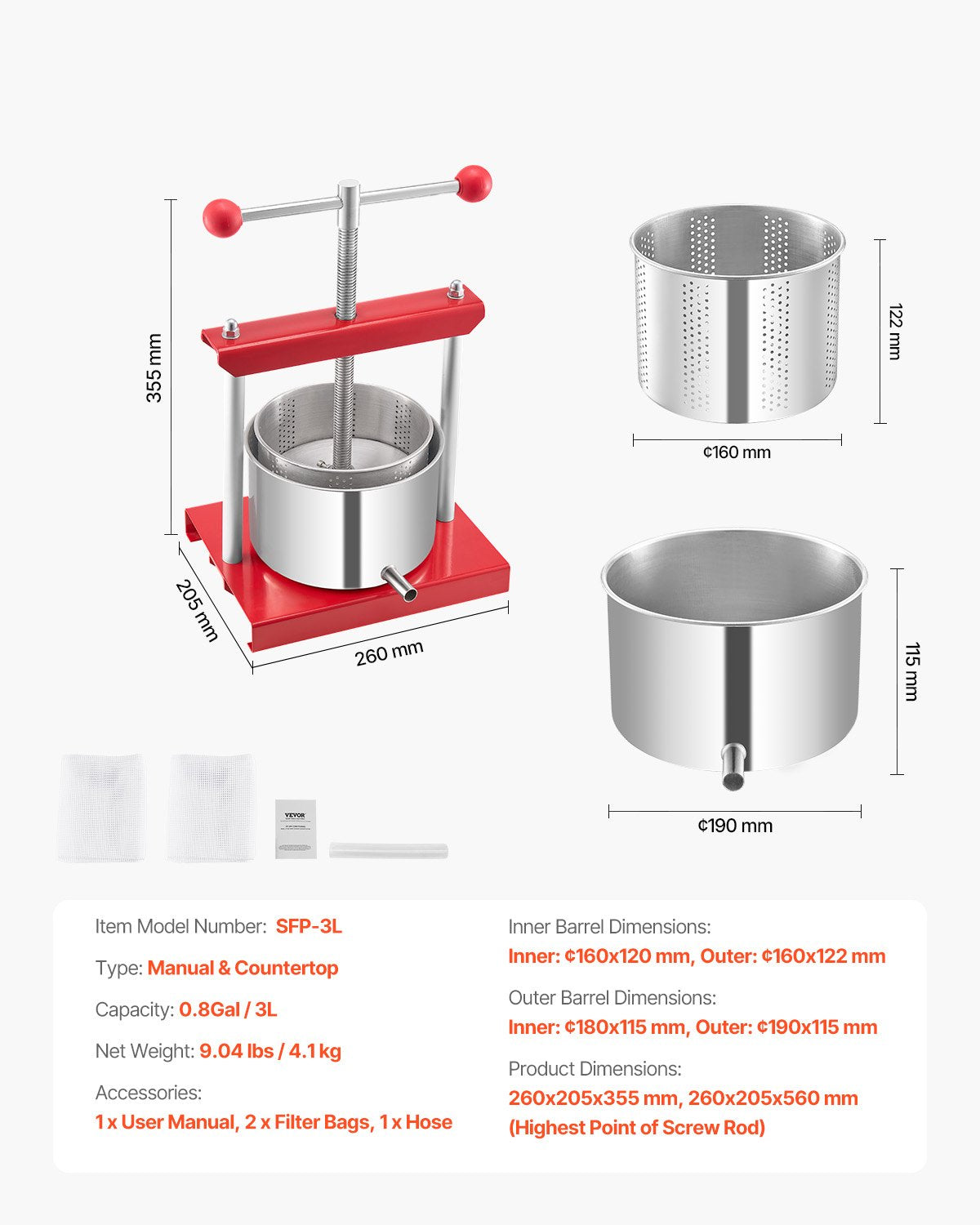 0,8 gal/3 l fruktvinpress, 2 fat i rostfritt stål, manuell juicepress, cider-äpple-druvtinktur-honung-olivoljepress med T-handtag för utekök