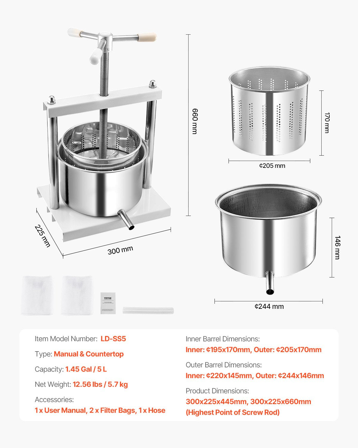 1,45 gal/5 l fruktvinpress, 2 fat i rostfritt stål, manuell juicepress, cider-äpple-druvtinktur-honung-olivoljepress med triangulärt handtag för utekök