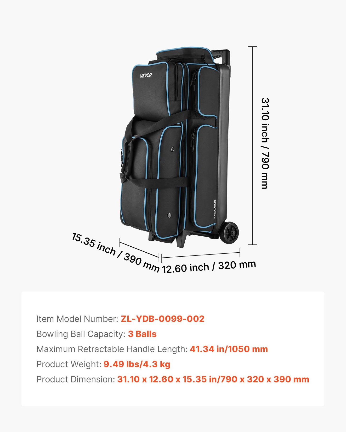 Bowlingväska, bowlingväska för 3 bollar med dubbel hjul, separat fack för skor (upp till US-storlek 16) och extra stor tillbehörsficka, utdragbart handtag som kan förlängas till 1050 mm