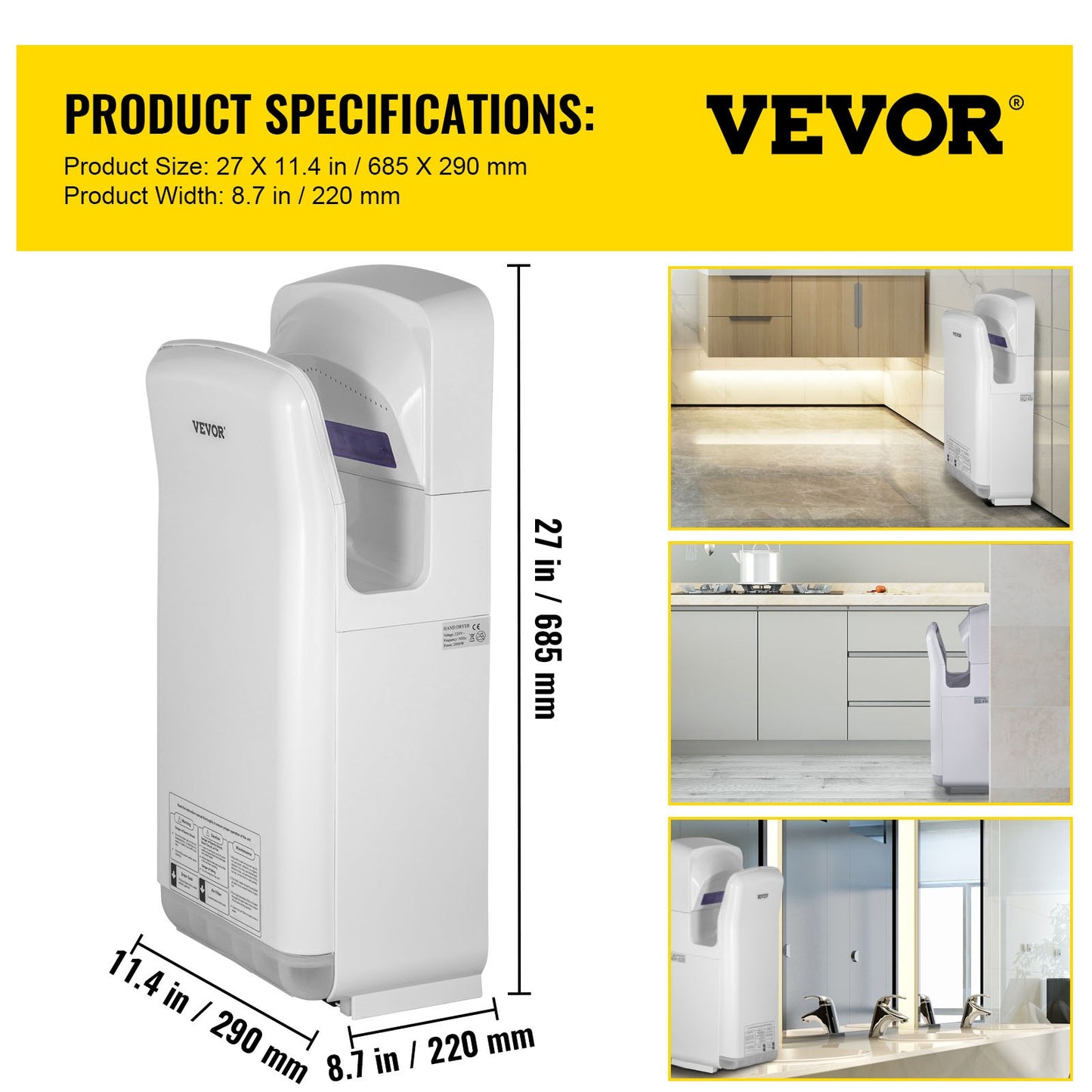 Jethandtork, premium elektrisk kommersiell bladhandtork, ABS lufttork med HEPA-filtrering, väggmonterad handtork, 2000W 220V vertikal handtork, höghastighetsautomatik infraröd vit