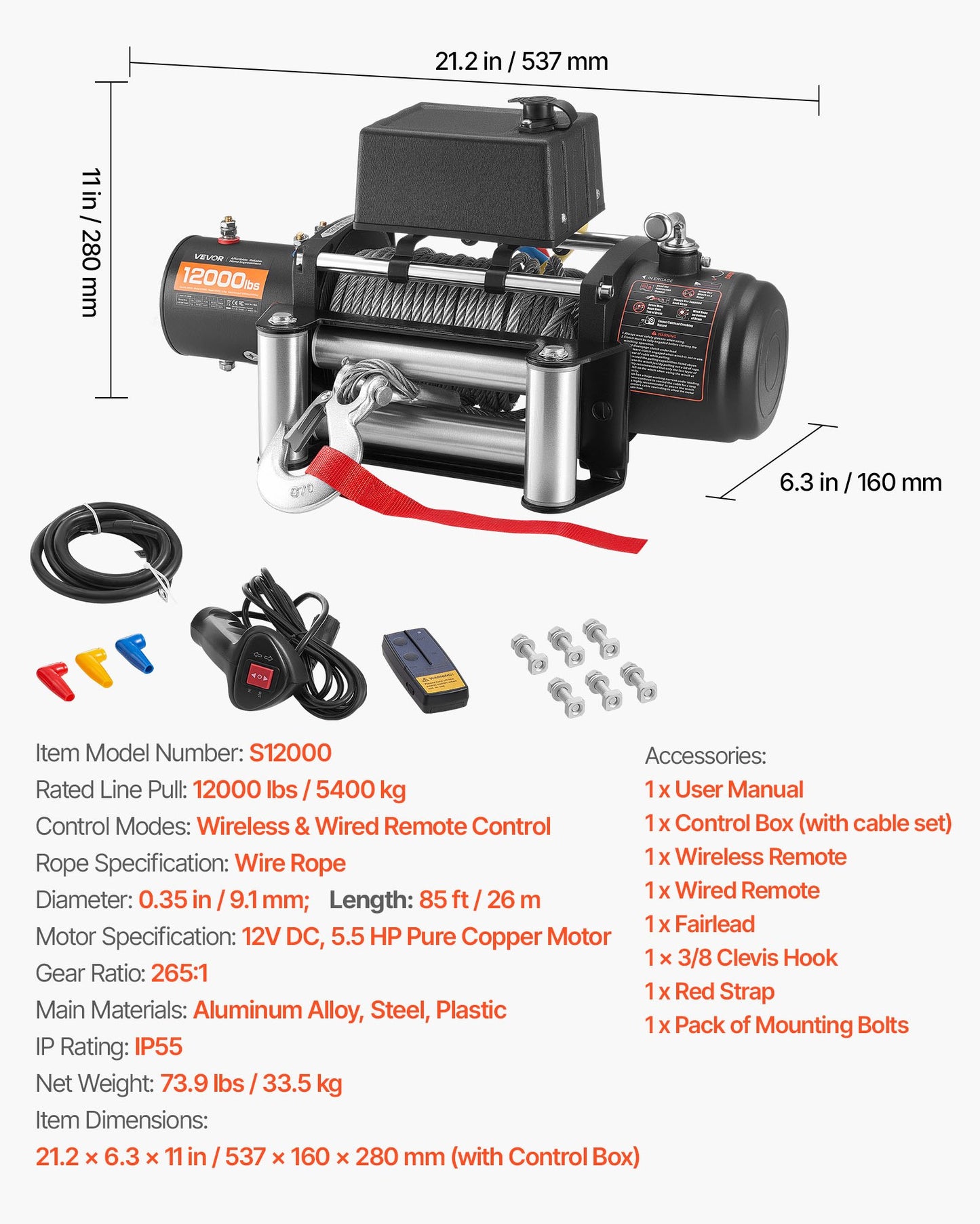 Electric Winch, 5400 kg Load Capacity, 12V DC Truck Winch with Φ9.1 mm x 26 m Steel Rope, Wireless & Wired Remote Control, Suitable for Towing SUV Jeep Trailer Boat Off-Road Vehicle