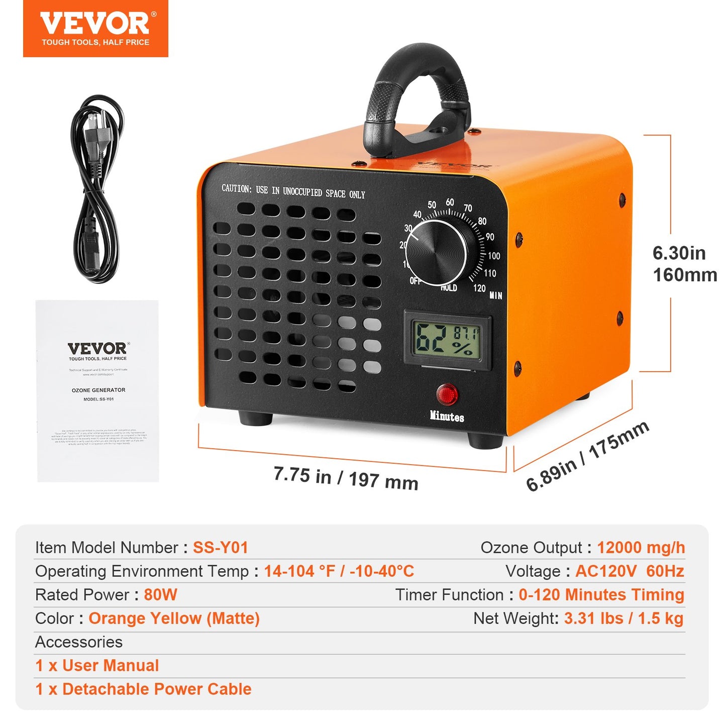 Ozongenerator, 12000 mg/h ozonmaskin luktborttagare, högkapacitets kommersiell/industriell ozongenerator, luftjonisator för hemmet med tidsinställning på 0–120 minuter för rum, bilar, husdjur