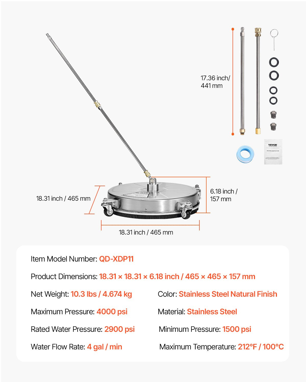 18" högtryckstvättsrengöring för ytor, högtryckstvättstillbehör i rostfritt stål med 4 hjul, 4000 max. psi, 1/4 snabbkoppling, 2 sprutmunstycken, 2 förlängda skaft för betong, uteplats, däck