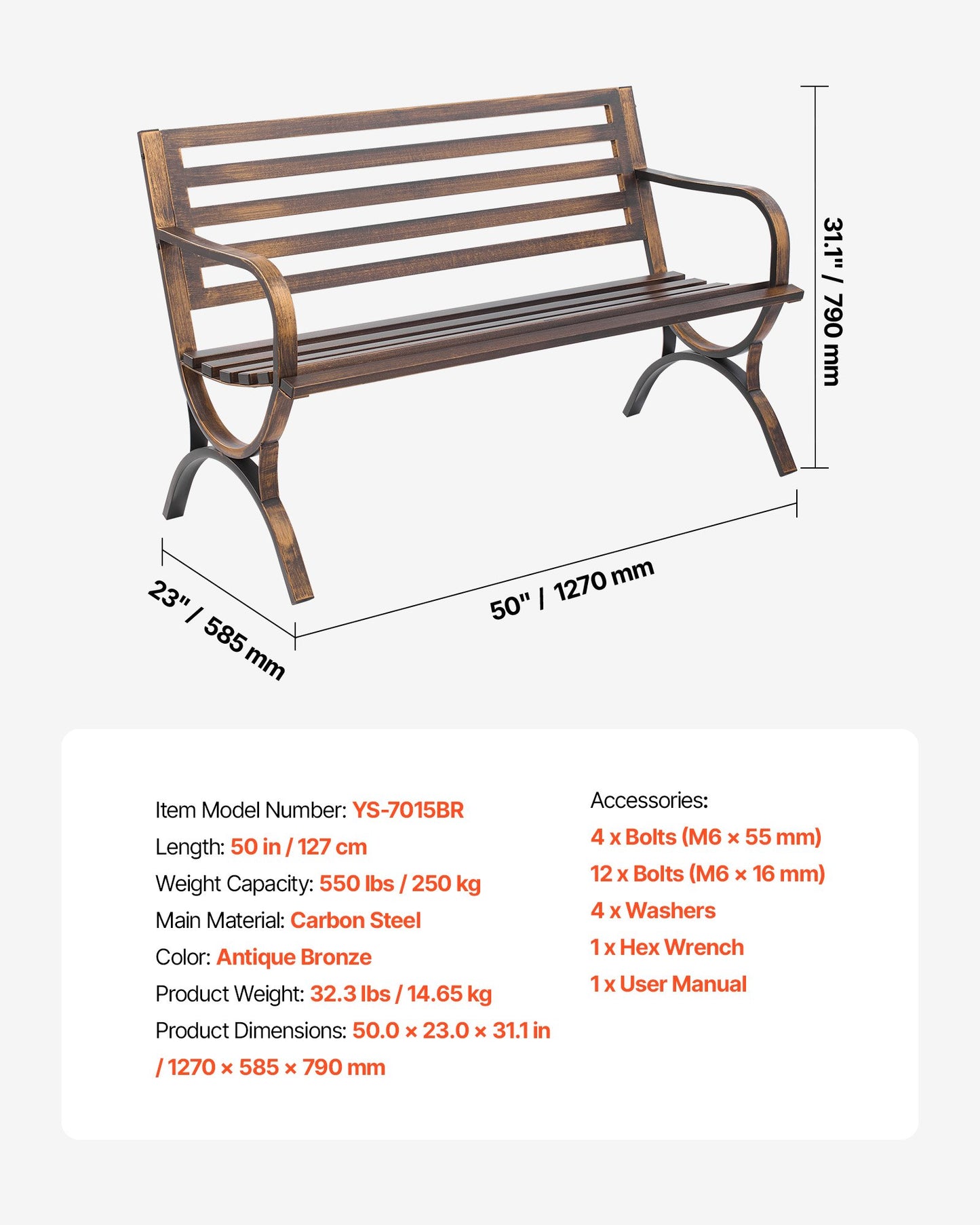 Utomhusbänk, 127 cm, metallram i kolstål med ryggstöd med ribbor och armstöd med rundade kanter, väderbeständig utomhusbänk för uteplats, trädgård, park, gård, veranda, antikbrons