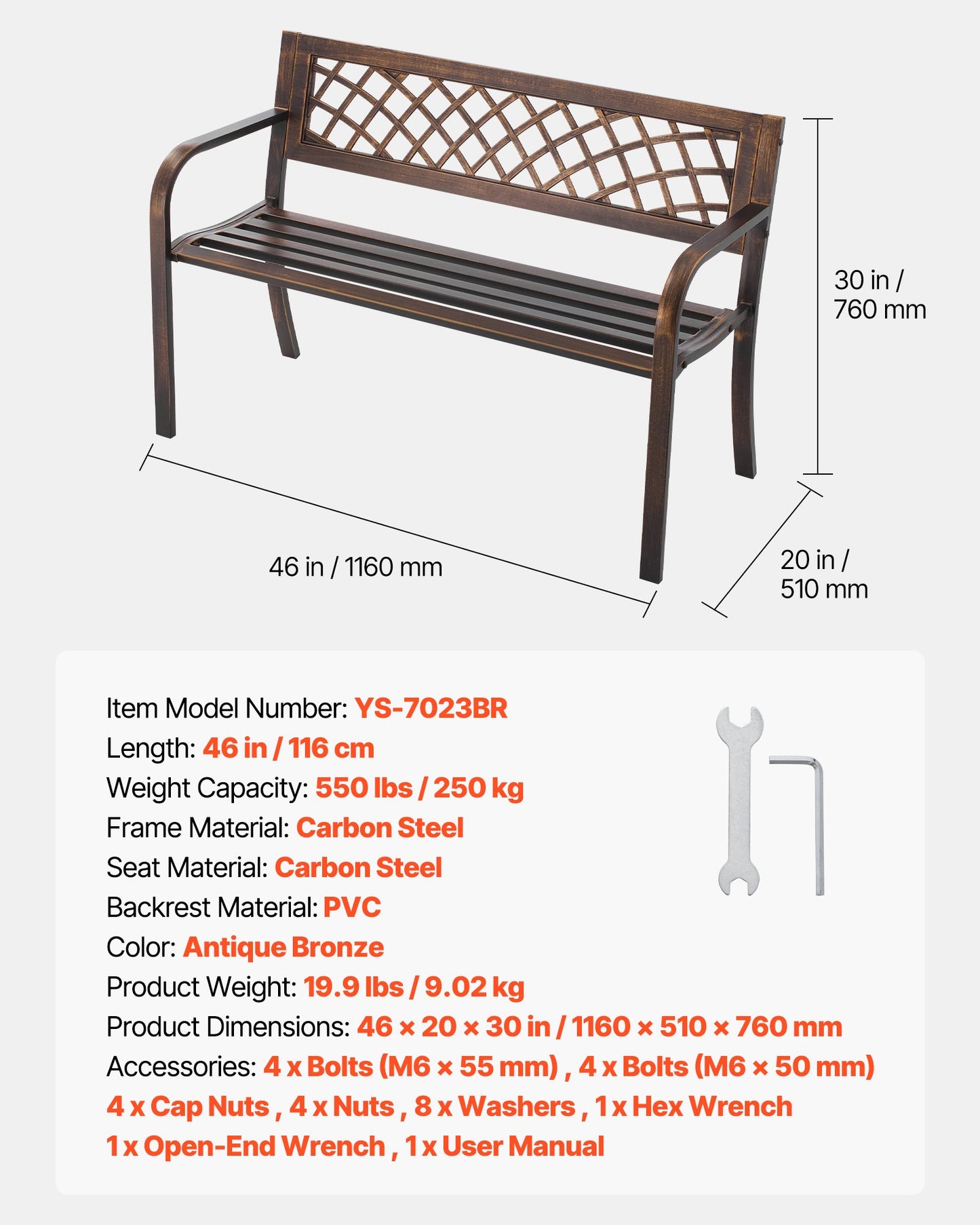 Utomhusbänk, 116 cm, metallram i kolstål med ryggstöd i PVC-nätmönster och armstöd med rundade kanter, väderbeständig utomhusbänk för uteplats, trädgård, park, gård, veranda, antikbrons