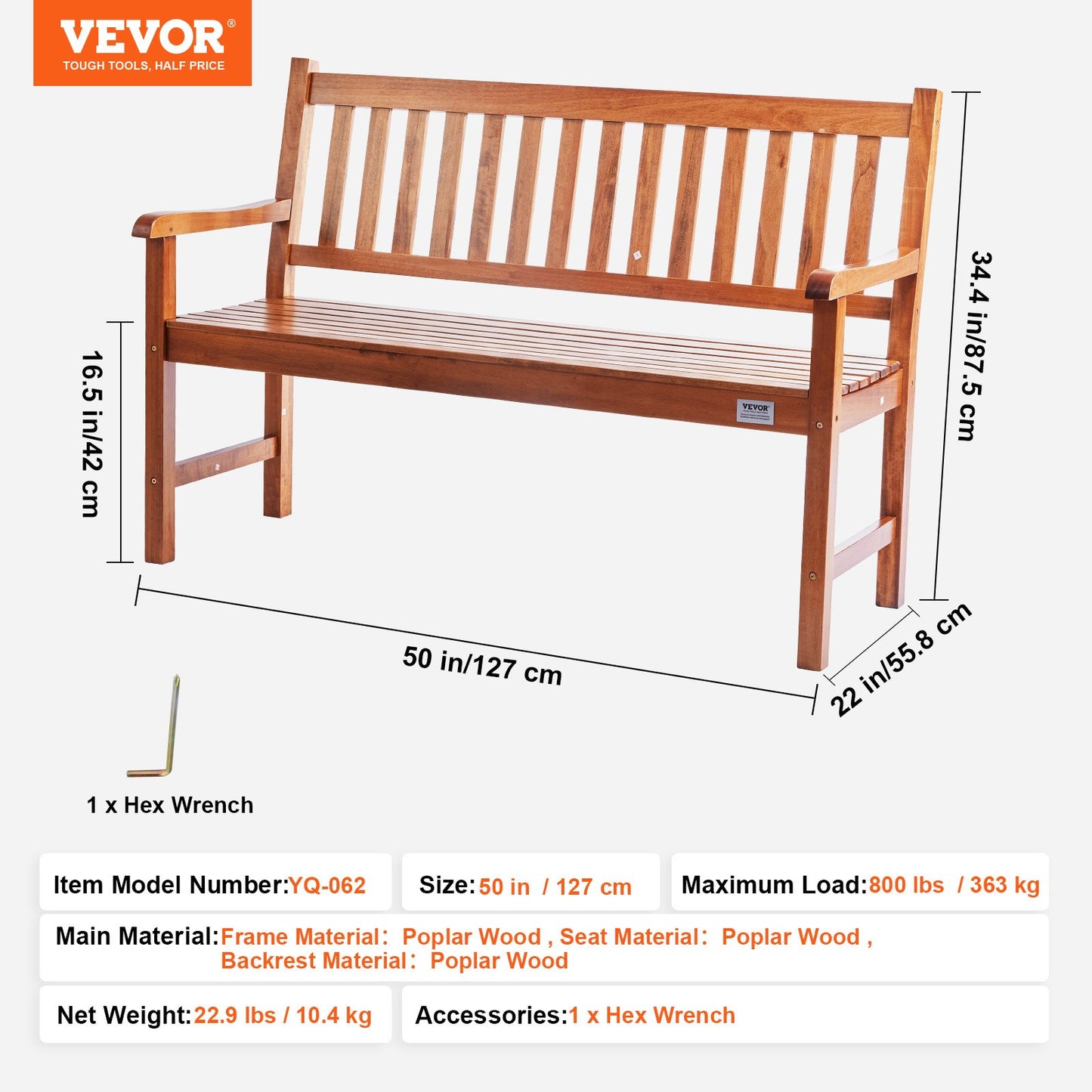 Outdoor Bench, 50 inches Wood Garden Bench for Outdoors, 800 lbs Load Capacity Bench, Outdoor Garden Park Bench with Backrest and Armrests, Patio Bench for Garden, Park, Yard, Front Porch