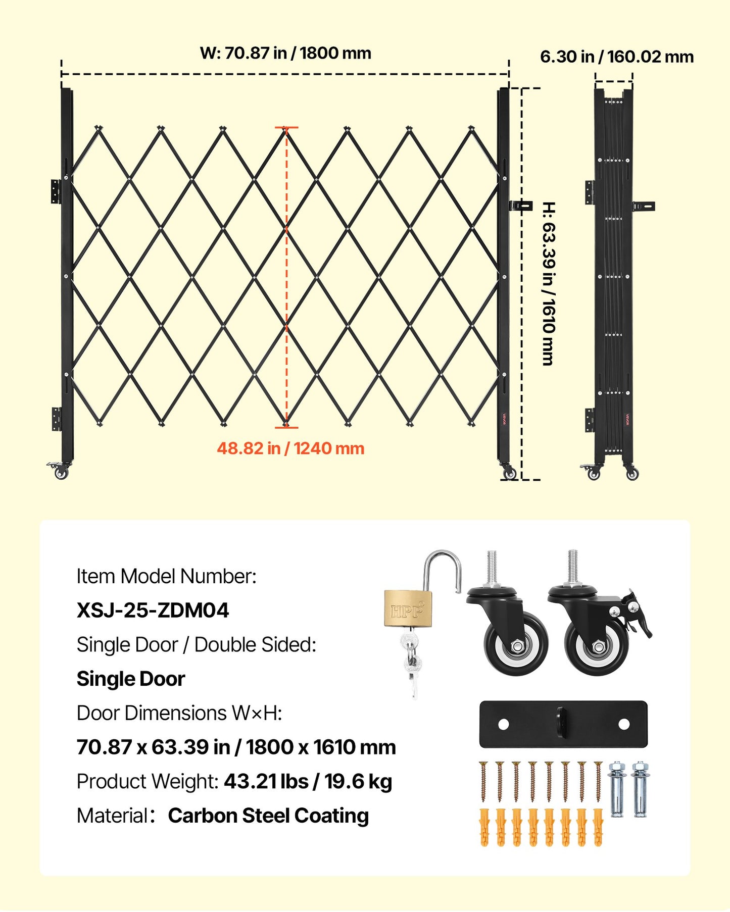 Enkel vikbar säkerhetsgrind, låsbar saxgrind med 360° svängbara hjul, utdragbara stålgrindar för utomhusbruk, för entrésäkerhet, garage, lager och pool, 180 × 161 cm (B × H)