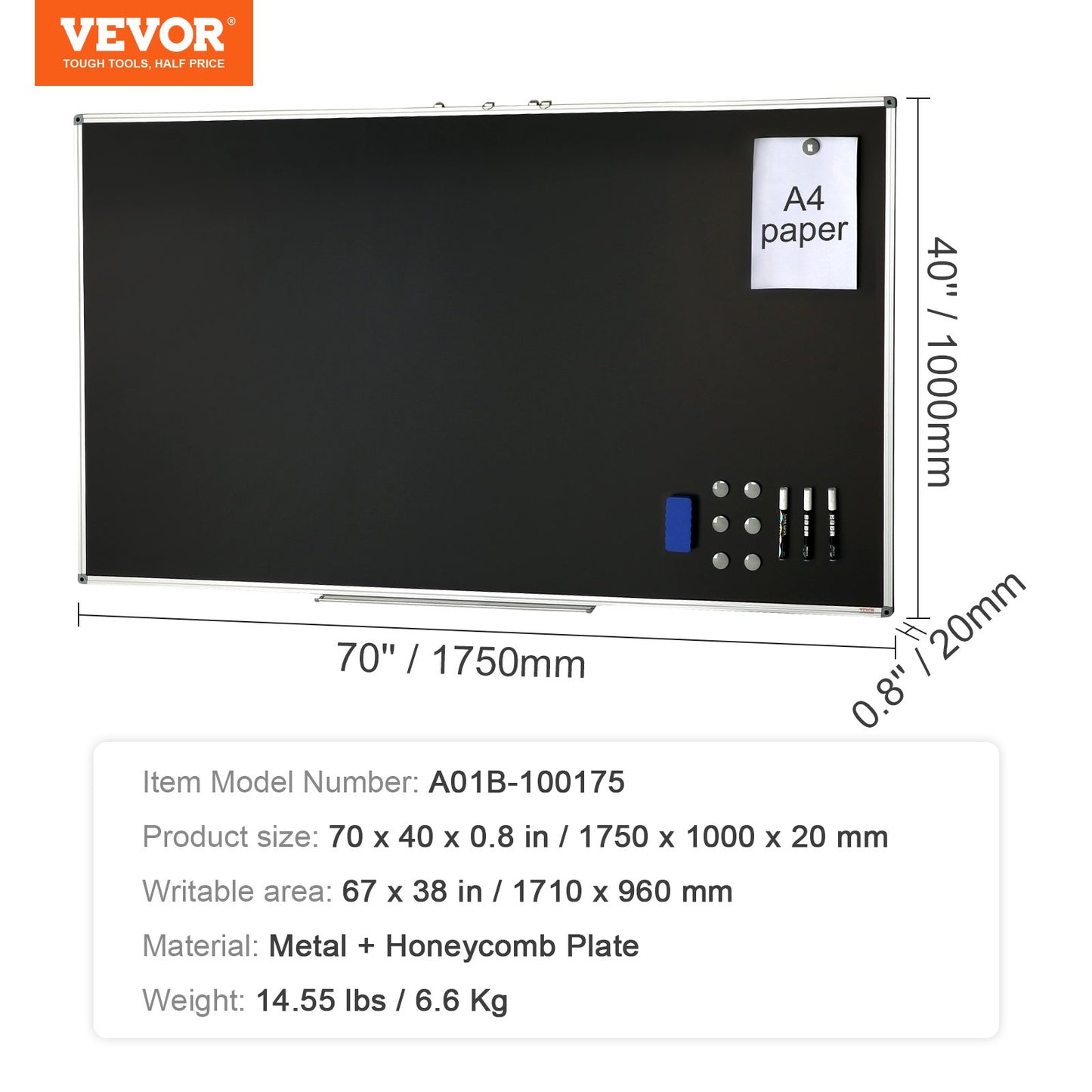 Svart tavla, 70 x 40 tum stor griffeltavla med aluminiumram, svarta tavlor med whiteboard, inkluderar 1 magnetisk raderbar penna och 3 whiteboardpennor, svart yta, för kontor, hem och skola