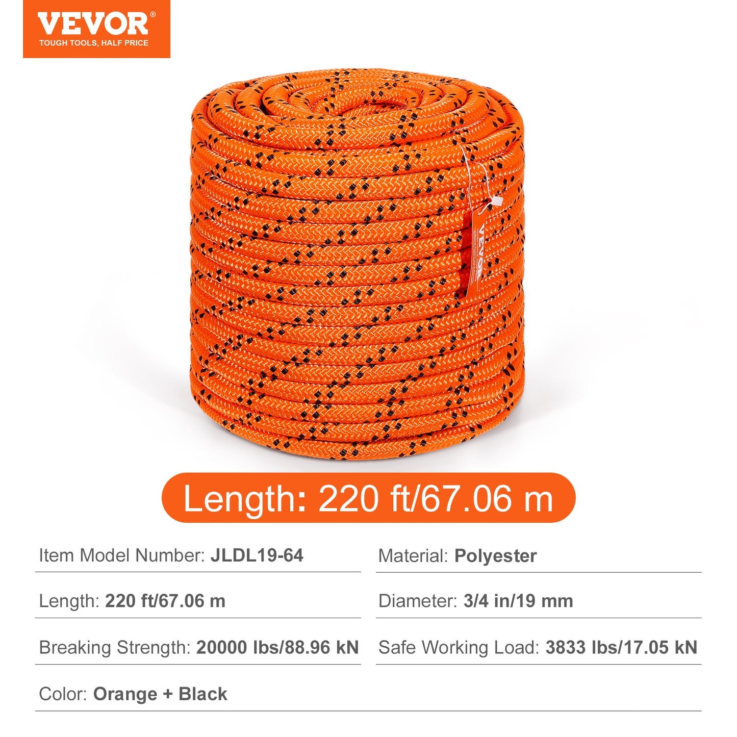 Arborist Trädklätterrep Dubbelflätad Polyester 1,9 cm x 67,1 m 24-trådig