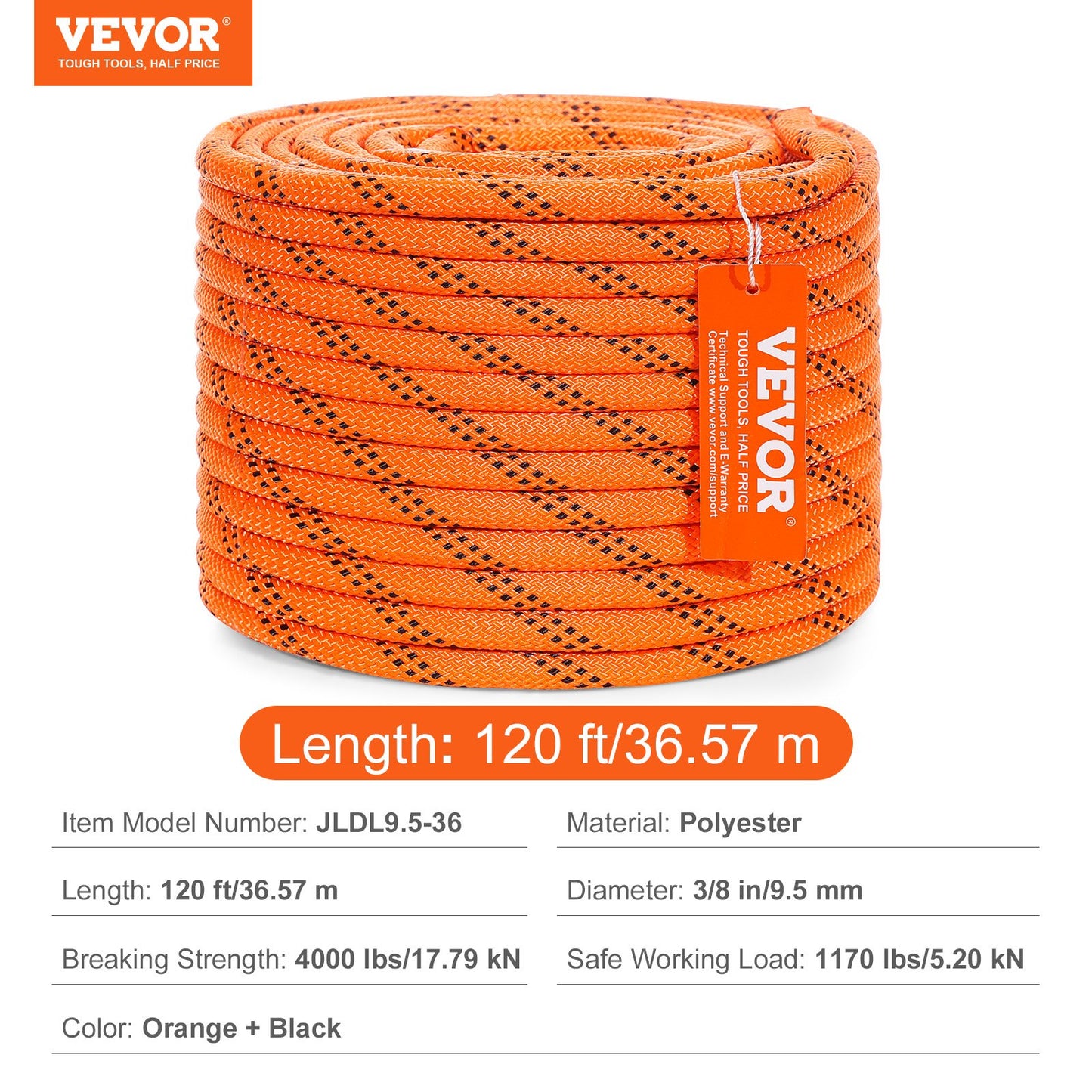 Arborist Trädklätterrep Dubbelflätad Polyester 1 cm x 36,6 m 48-trådig