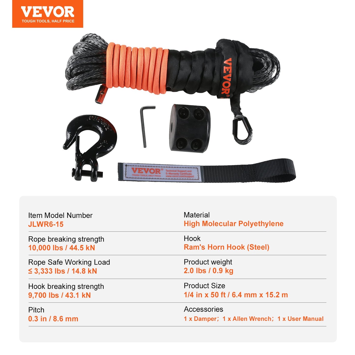 Synthetic Winch Rope, 6.35 mm x 15.24 m 4,536 kg Synthetic Winch Line Cable Rope with Protective Sleeve + Stopper + Forged Winch Hook + Pull Strap, Fit for ATV, UTV, Small Vehicle, Pickup