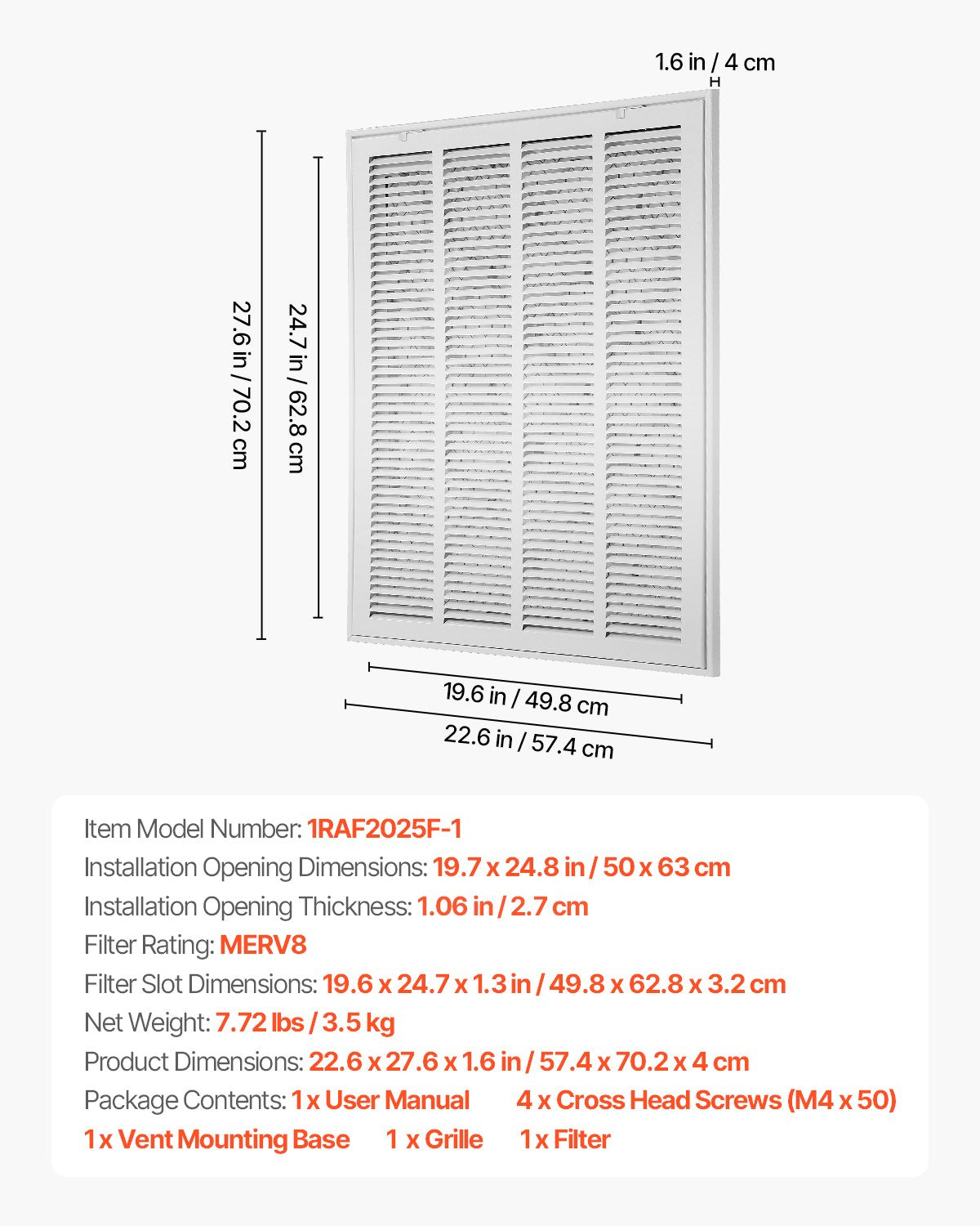 Galler för frånluftsfilter, passar kanalöppning B20 x H25 tum, filter ingår, skydd för frånluftsventilation för vägg, pulverlackerat stålgaller för frånluft, avtagbar framsida/dörr för 2,5 cm filter