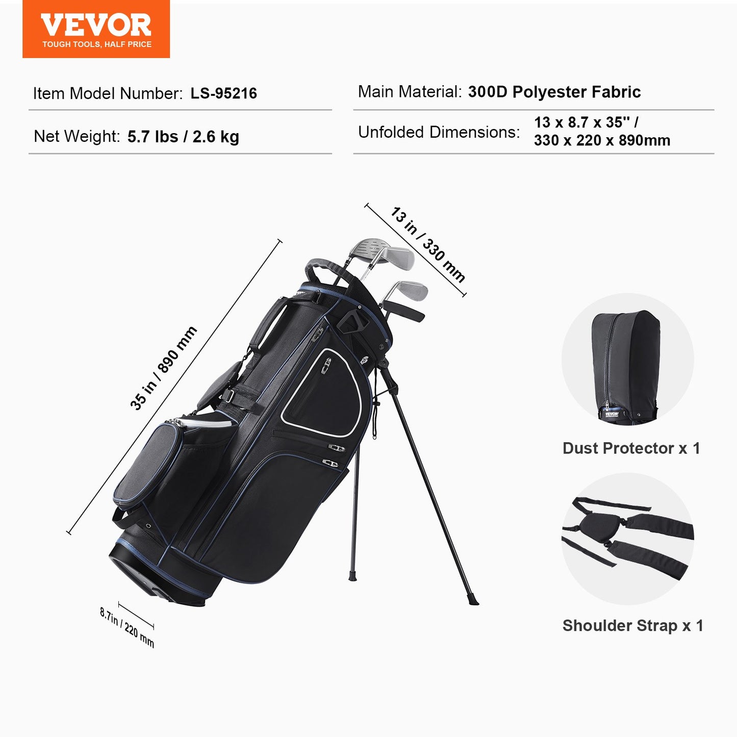 Golfvagnsväska med 14-vägs avdelare, 35” premiumvagnsväska med 11 fickor och stativ, slitstarka golfbagar med handtag, dammskydd och avtagbar dubbelrem för män och kvinnor, svartvit