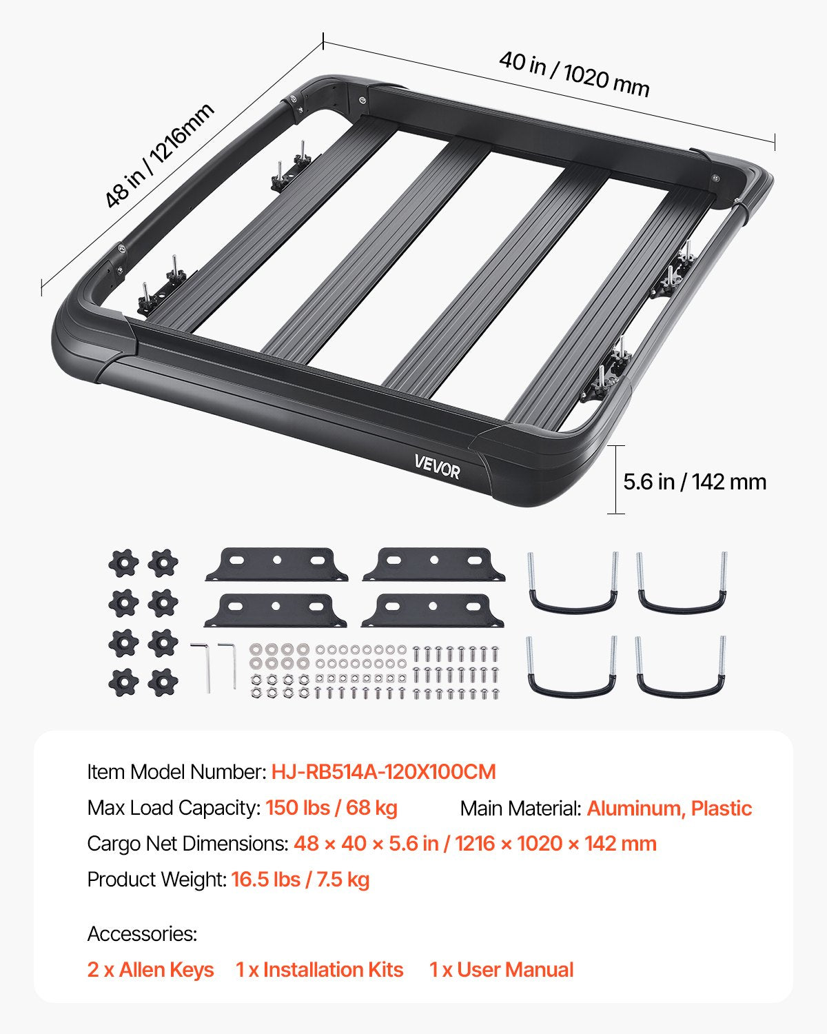 Takräcke, 122 x 102 x 143 cm, universal taklastkorg, bagagehållare för bilens tak med maxlastkapacitet på 67 kg, 10 cm staket, rostskyddat stål, vindskydd, för SUV-bil