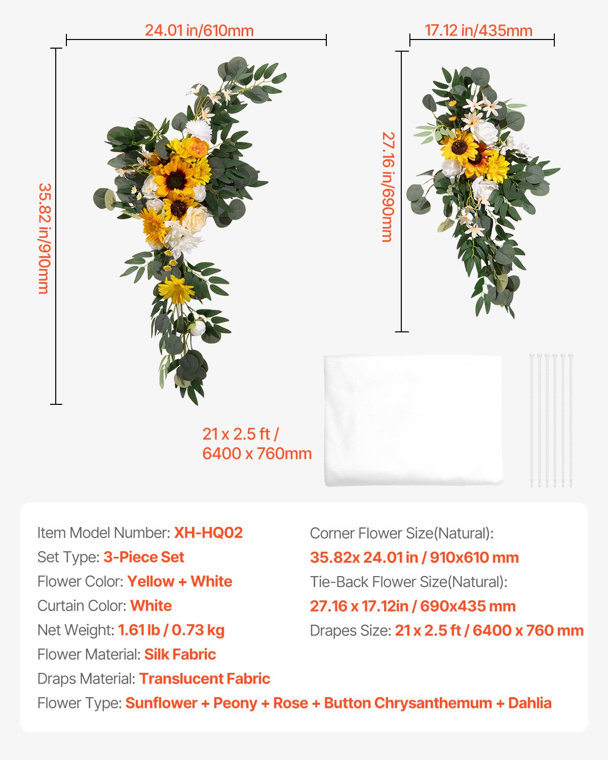 Konstgjorda bröllopsblommor, gula bröllopsblommor med draperier (3-pack) - 2 st blomsterarrangemang, 1 st transparenta draperier, för ceremonibuketter, mottagningsbakgrundsdekoration