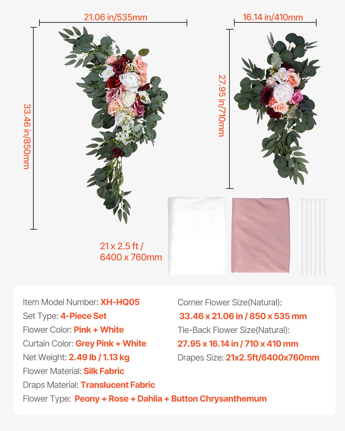 Konstgjorda bröllopsblommor, rosa bröllopsblommor med draperier (4-pack) - 2 st blomsterarrangemang, 2 st transparenta draperier, för ceremonibuketter, mottagningsbakgrundsdekoration