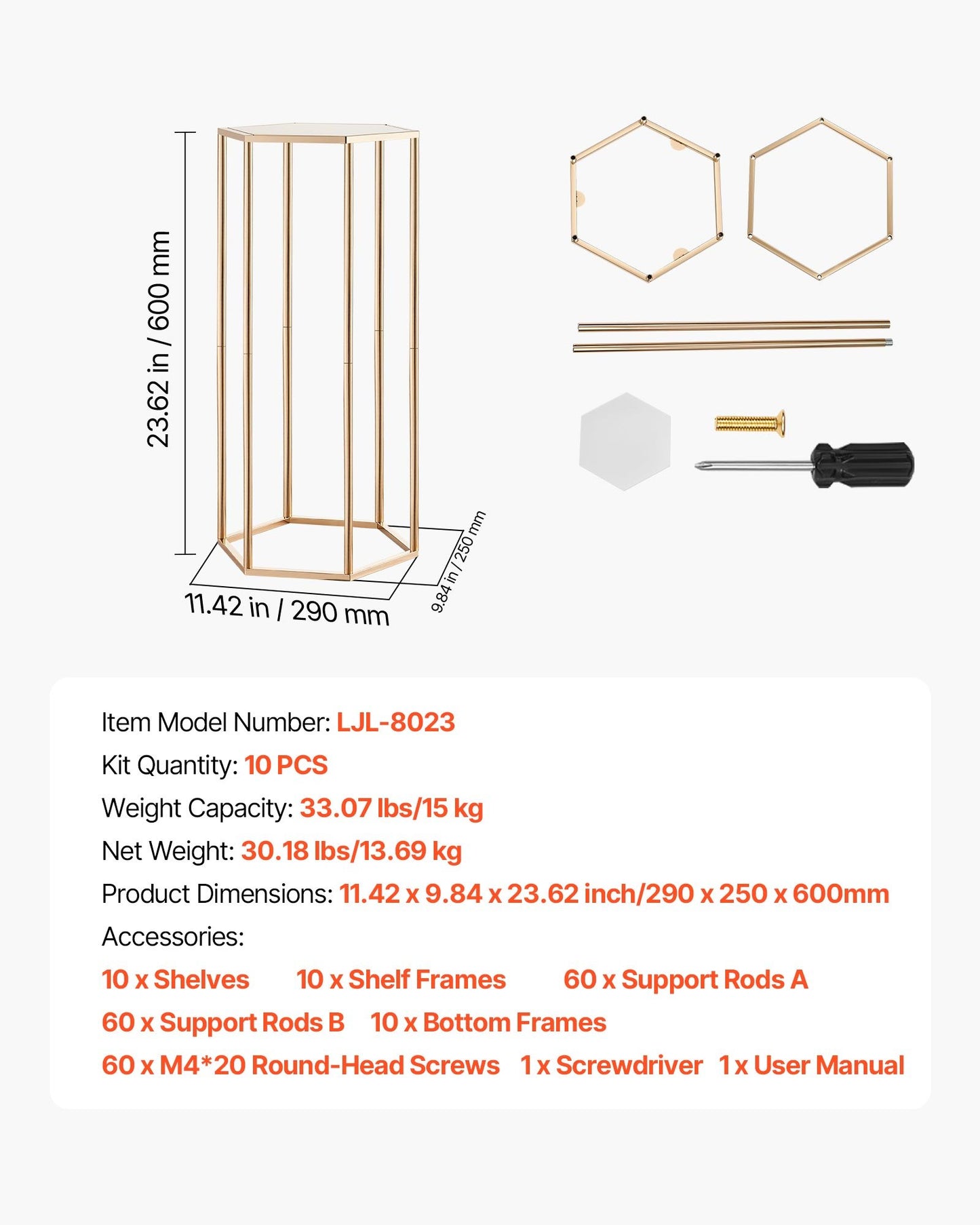 Wedding Flower Stand, 10PCS 60cm Column Flower Stand, Floral Stands with Acrylic Laminate, Hexagonal Cubic Floral Display Rack for Wedding, Party, Birthday, Home, Gold Centerpiece Stands