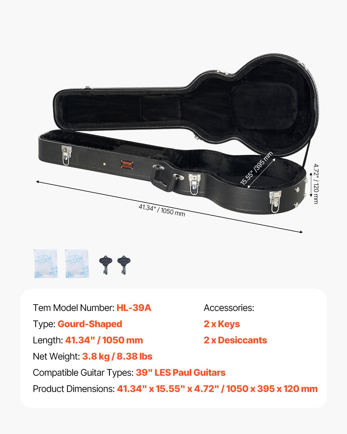 Hårt fodral för elgitarr 41,34 tum/105 cm med lås och nyckel för LES Paul-gitarrer