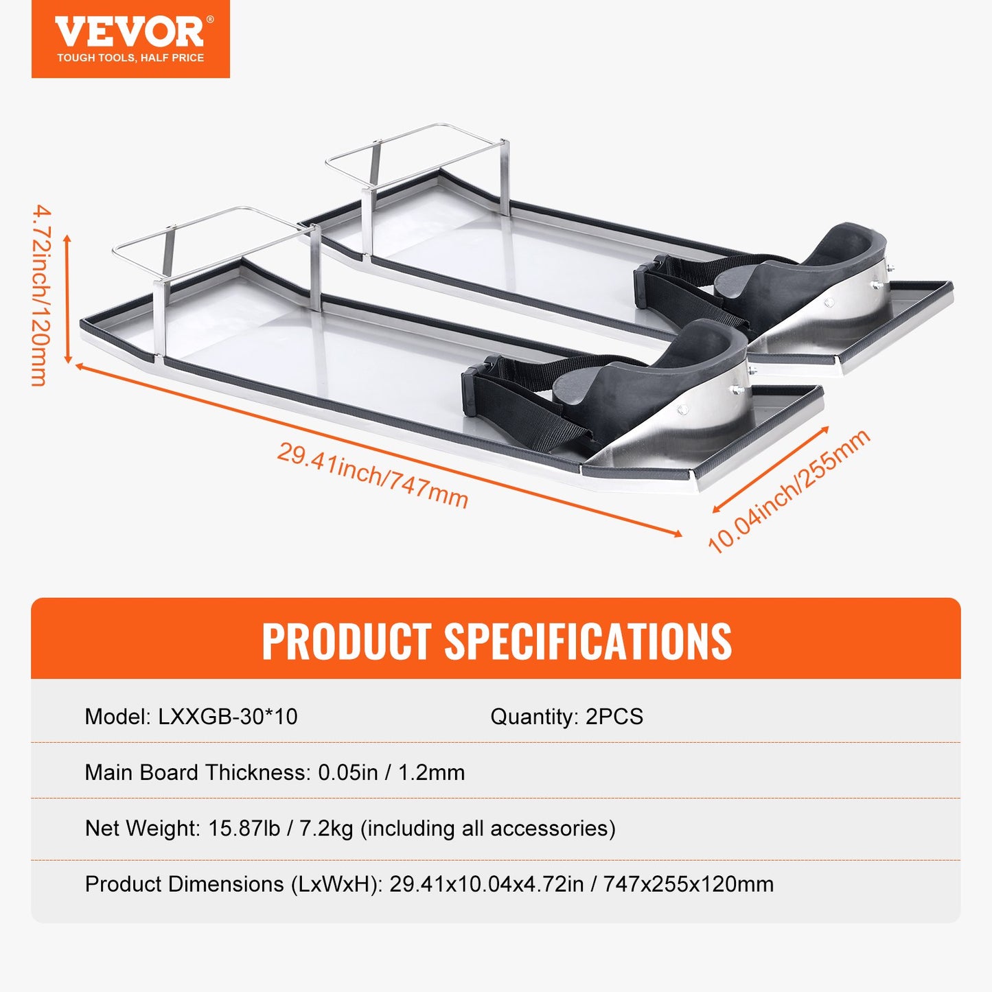 Concrete Knee Boards Stainless Steel, 30'' x 10'' Concrete Sliders, Knee Boards For Concrete, Concrete Knee Pads Moving Sliders, with Knee Pads & Board Straps for Cement and Concrete Finishing
