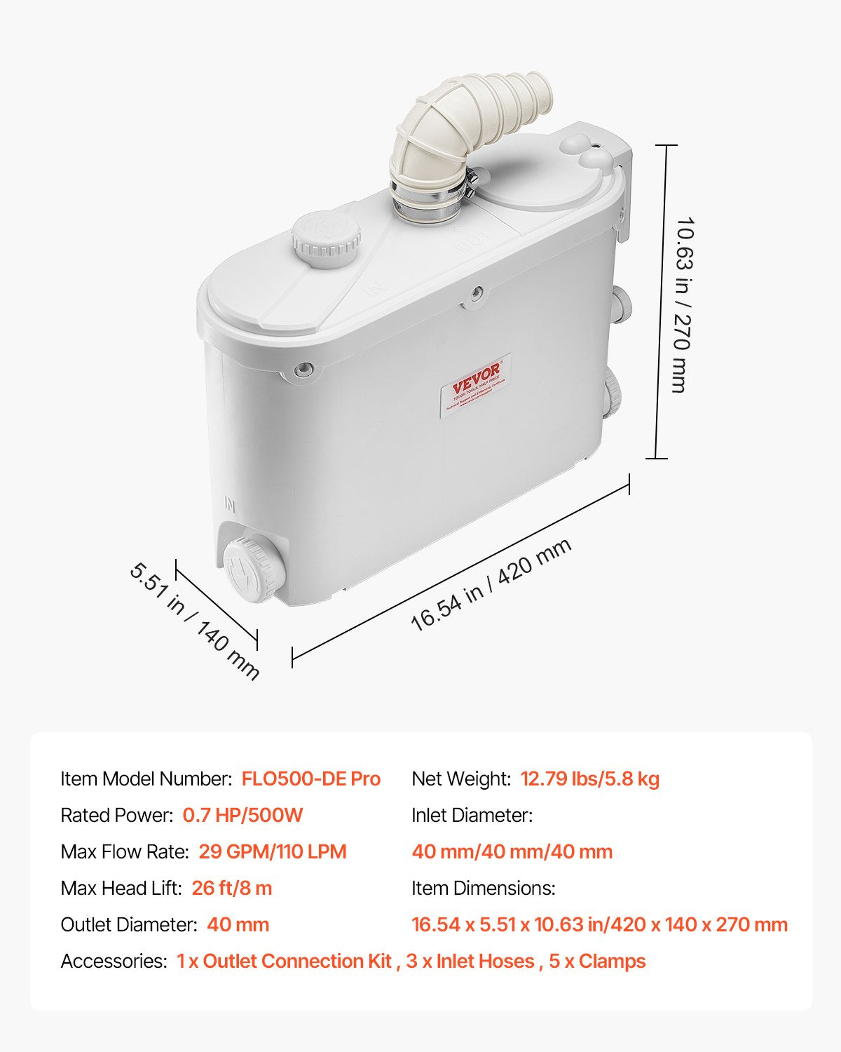 Maceratorpump, 500 W, 110 l/min (29 gpm) flöde, 26 fot/8 m tryck, macerator avloppstoalettpump med 4 vatteninlopp, uppspolningsmaskin för avloppsvattenhantering för kök, källare, dusch, handfat, tvättstuga, badkar