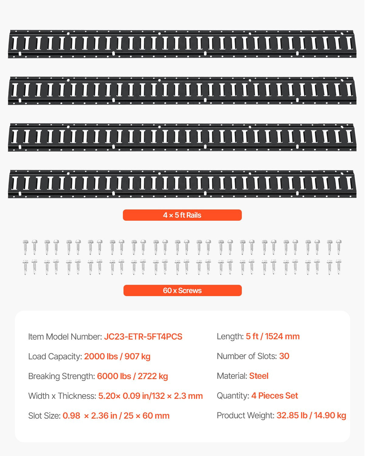 E-spårsräckessats, 1,5 m stålräcken, 4-pack, säkra last och tunga laster upp till 900 kg, kraftiga E-spårsräcken med skruvar för garage, skåpbilar, släpvagnar, motorcykelförankringar, ATV-fästen