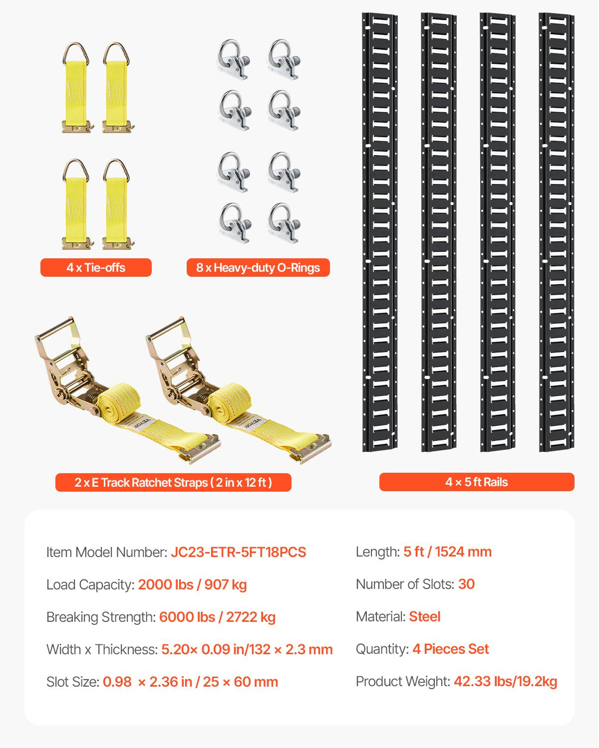 Sats med fastspänningsskenor för E-spår, 18 delar, 1,5 m E-spår, innehåller 4 stålskenor och 8 O-ringsankare och 4 fastspänningsfästen med D-ring och 2 spärrremmar, säkringstillbehör för lastmotorcyklar och cyklar, 900 kg