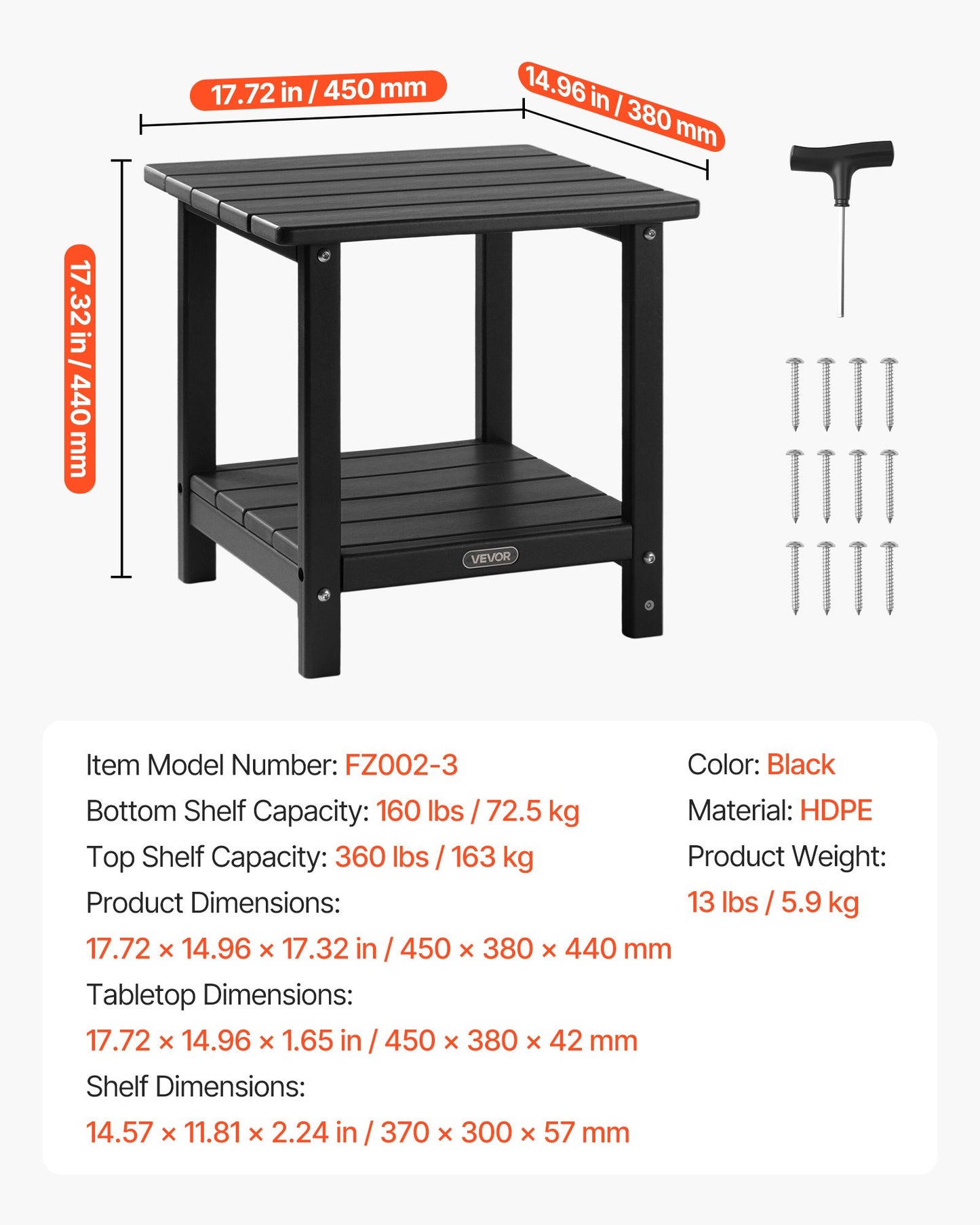 Outdoor Side Table, 450W x 380D x 440H mm, Double Layer HDPE Outside End Table for Easy Maintenance, Withstand Harsh Weather, Fit for Patio, Pool, Beach, Porch, Indoor, Backyard, Black