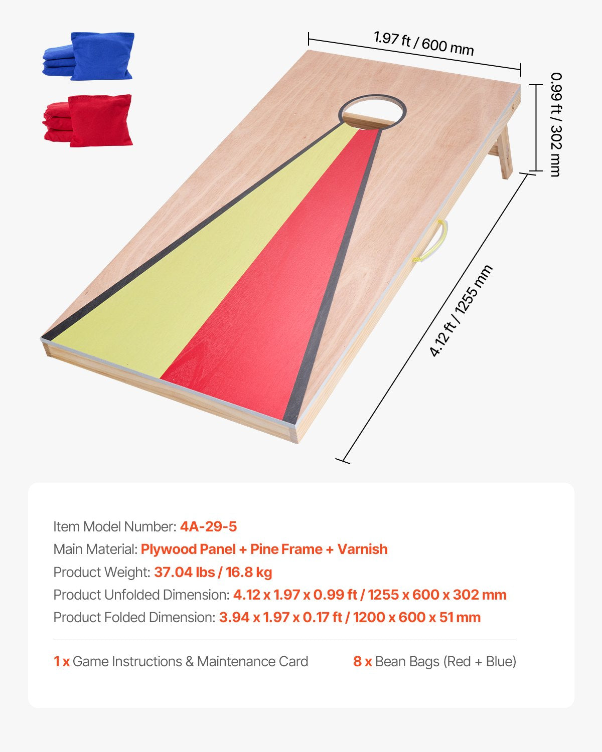 Cornhole-set, 4x2 fot Cornhole-spelbrädor, bärbar kastabräda i massivt trä, inomhus- och utomhusspel för vuxna, inkluderar 8 säckar och handtag, för trädgården, bakgården, stranden, camping