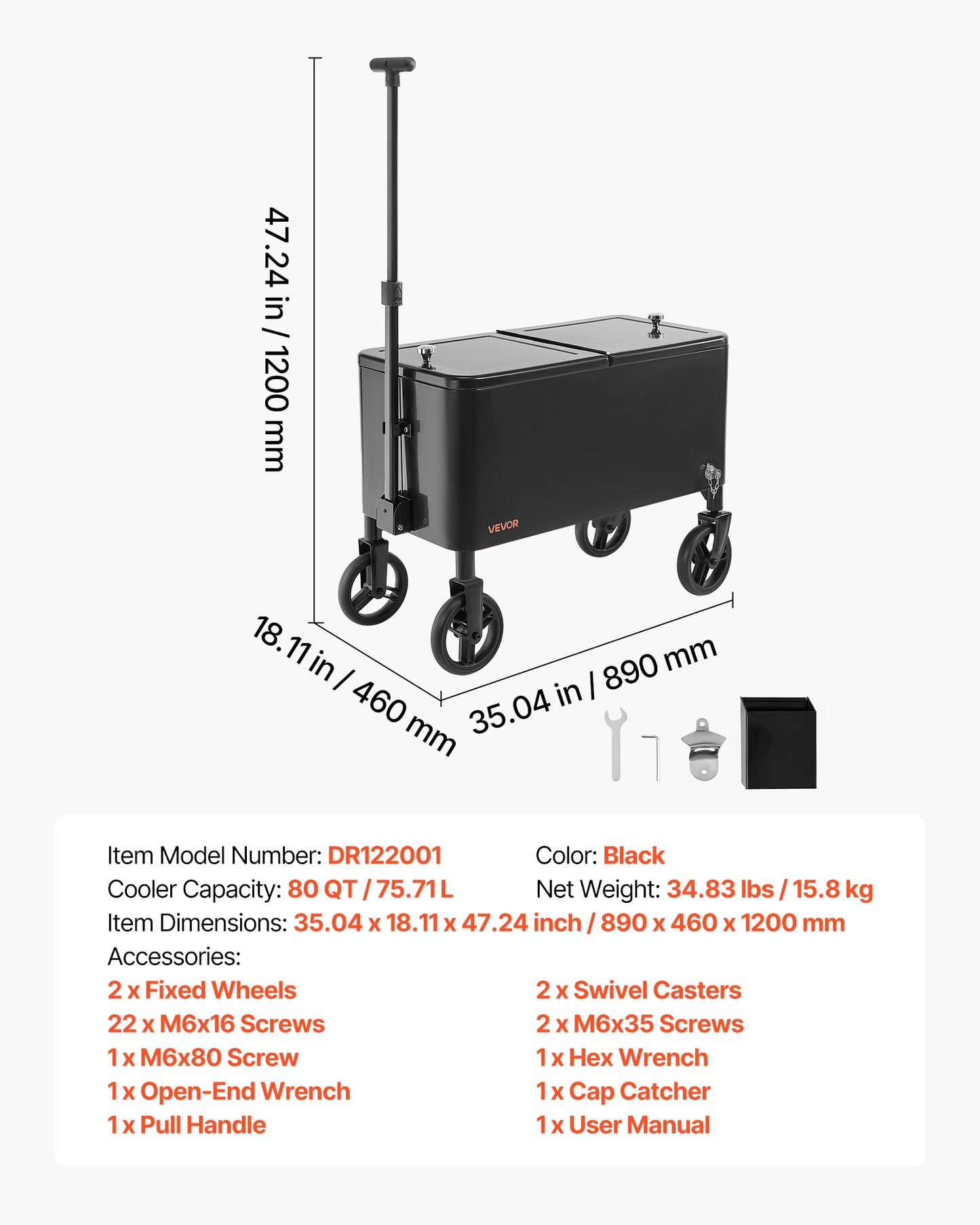 75,71 l rullande kylboxvagn, med 2-stegs teleskopiskt draghandtag och 2 svängbara hjul, bärbar bordsstrand, uteplats, festbar, kall dryck, utomhusparkvagn på hjul, svart