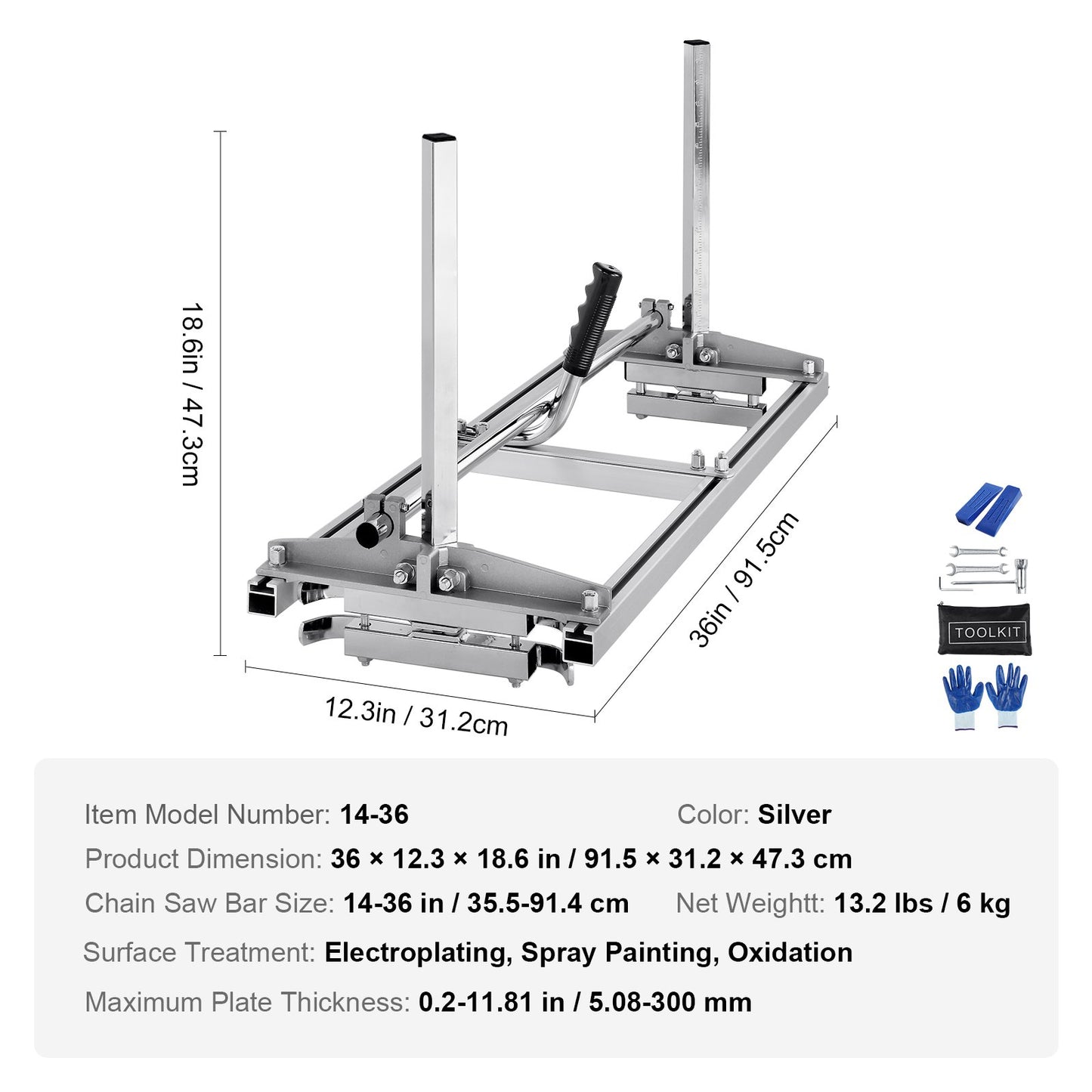 Bärbart sågverk 35,6 cm-91,4 cm svärd galvaniserat stål motorsågsplank 0,5 cm-30 cm tjocklek, trävirke tvärsågning för byggare och träarbetare, silver