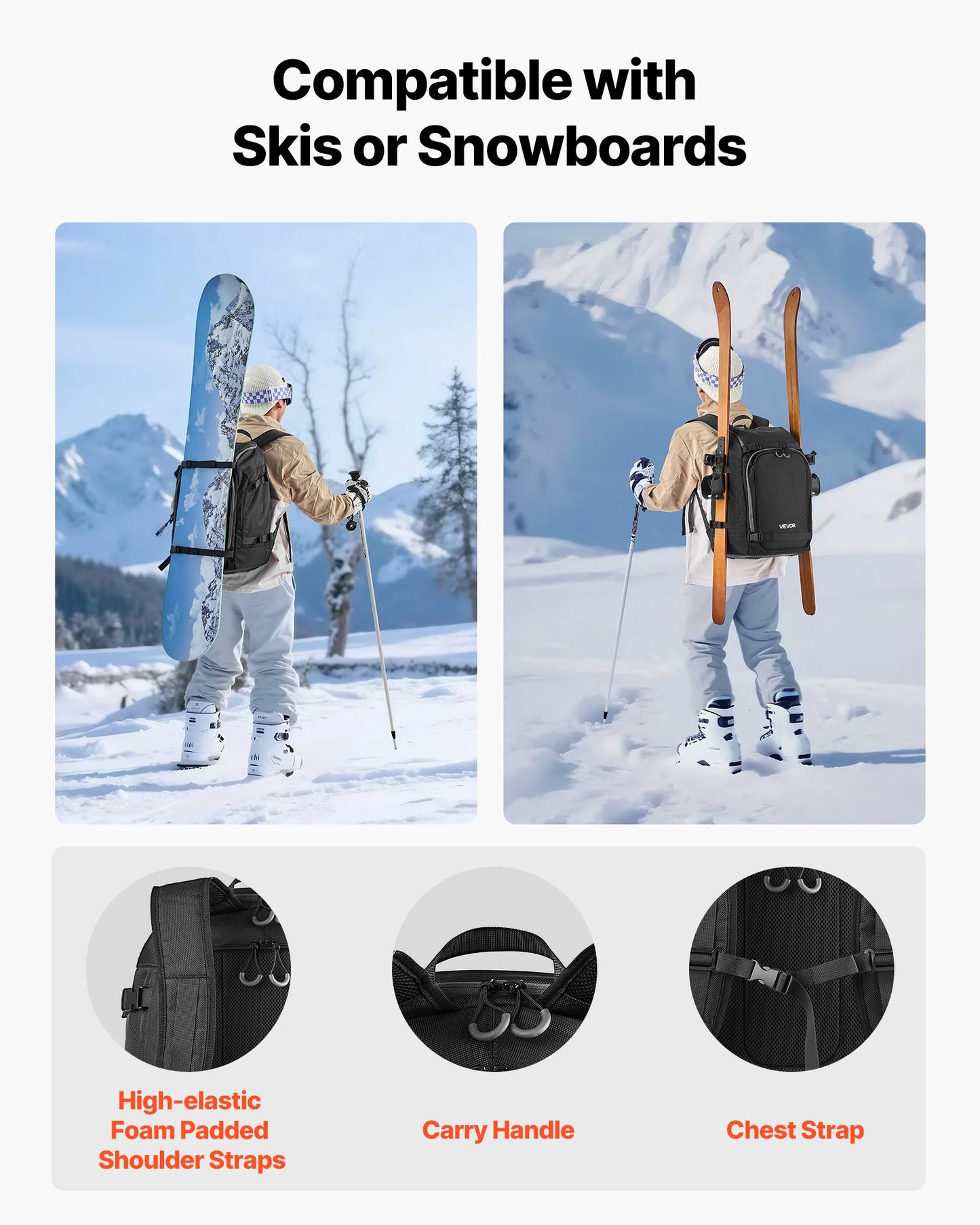 Pjäxväska, 55L, Snowboardpjäxor Reseryggsäck för Herr och Damer, med Vattentät Utsida och Botten, Slitstark 1680D Oxford, Väska för Skidor, Snowboard, Hjälm, Skidglasögon, Handskar, Tillbehör (Svart)