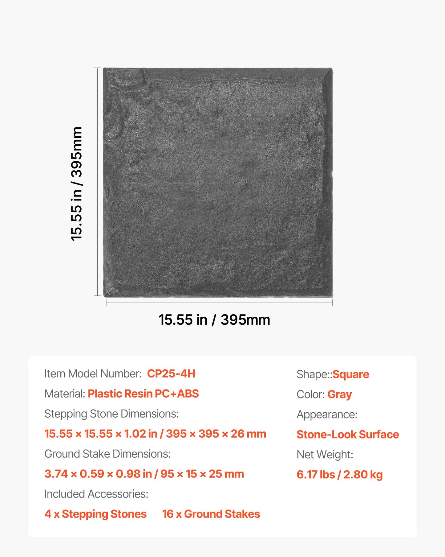 Trädgårdsstenar, 4 st 39,5x39,5 cm dekorativa stenar med pålar, väderbeständiga plastgångstenar, slät yta, utomhusgångväg för gräsmatta, uteplats, grå
