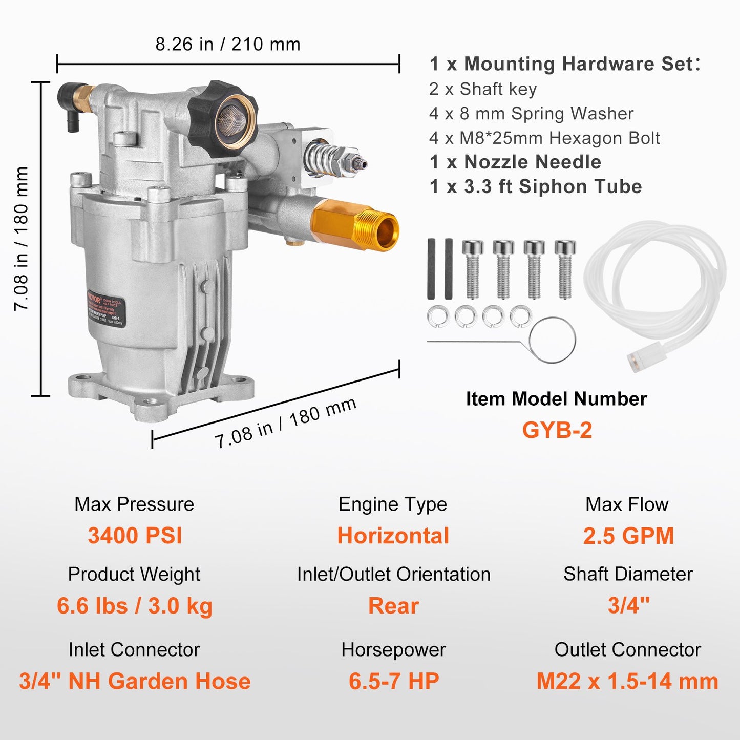 Högtryckstvättspump, 19 mm horisontell axel, 3400 PSI, 2.5 GPM, reservsats för högtryckstvättspumpar, reservdelar till spolpump, kompatibel med Honda, Simpson, RYOBI, Briggs & Stratton, Subaru, Craftsman