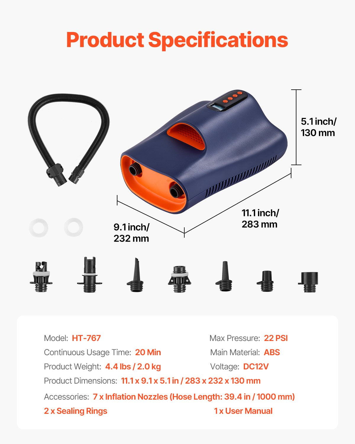 Paddelbrädepump, 22PSI högtryck, tvåstegs uppblåsning och tömning SUP-luftpump med automatisk avstängningsfunktion och 12V DC-bilkontakt, perfekt för uppblåsbar paddelbräda, tält och madrasser
