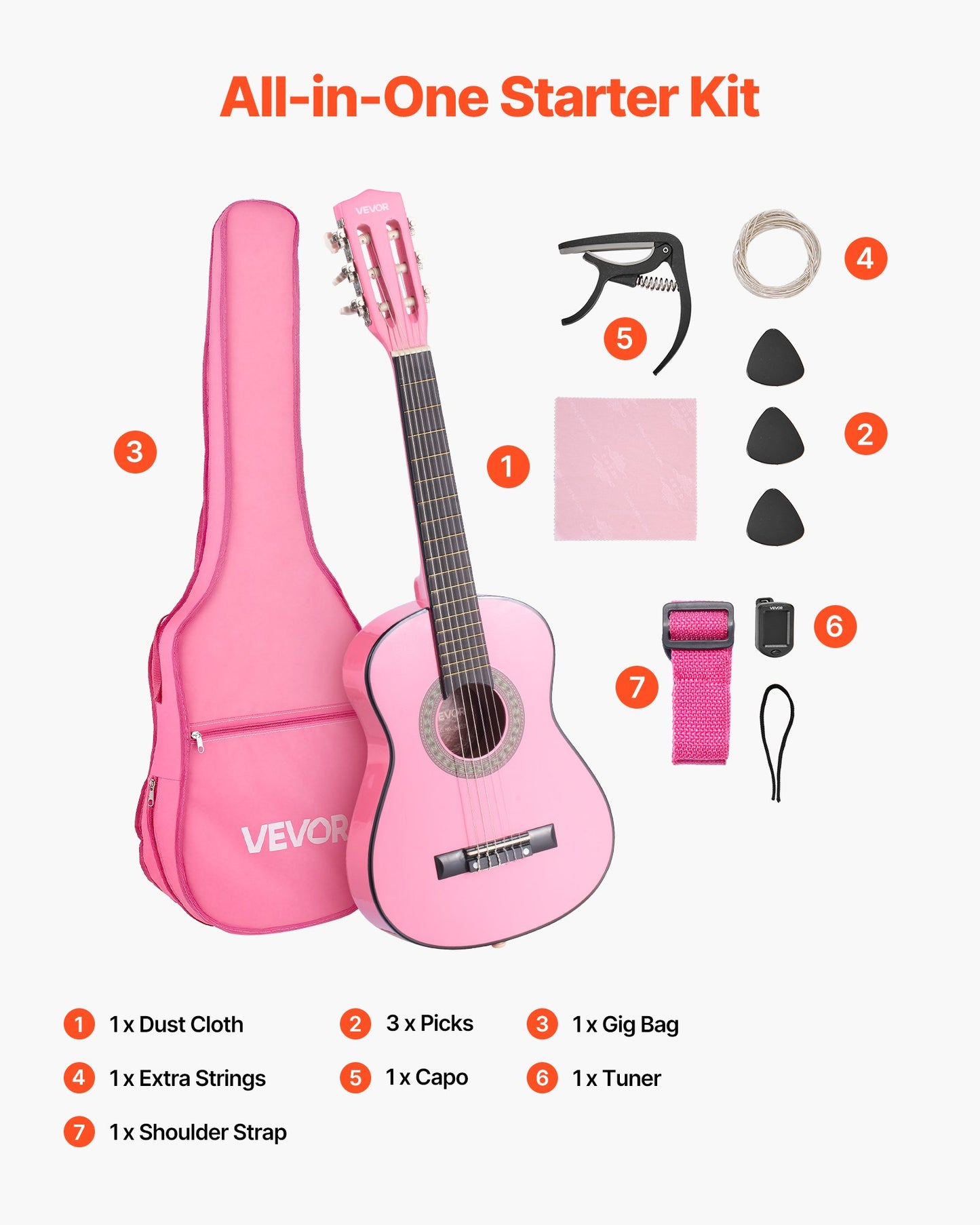 Classical Guitar, 780 mm, Wood Classical Guitar Starter Kit for Beginners, with Nylon Strings, Gig Bag, Strap, Tuner, Extra Strings, Picks, Capo, Basswood, for Kids Girls Boys Students, Pink