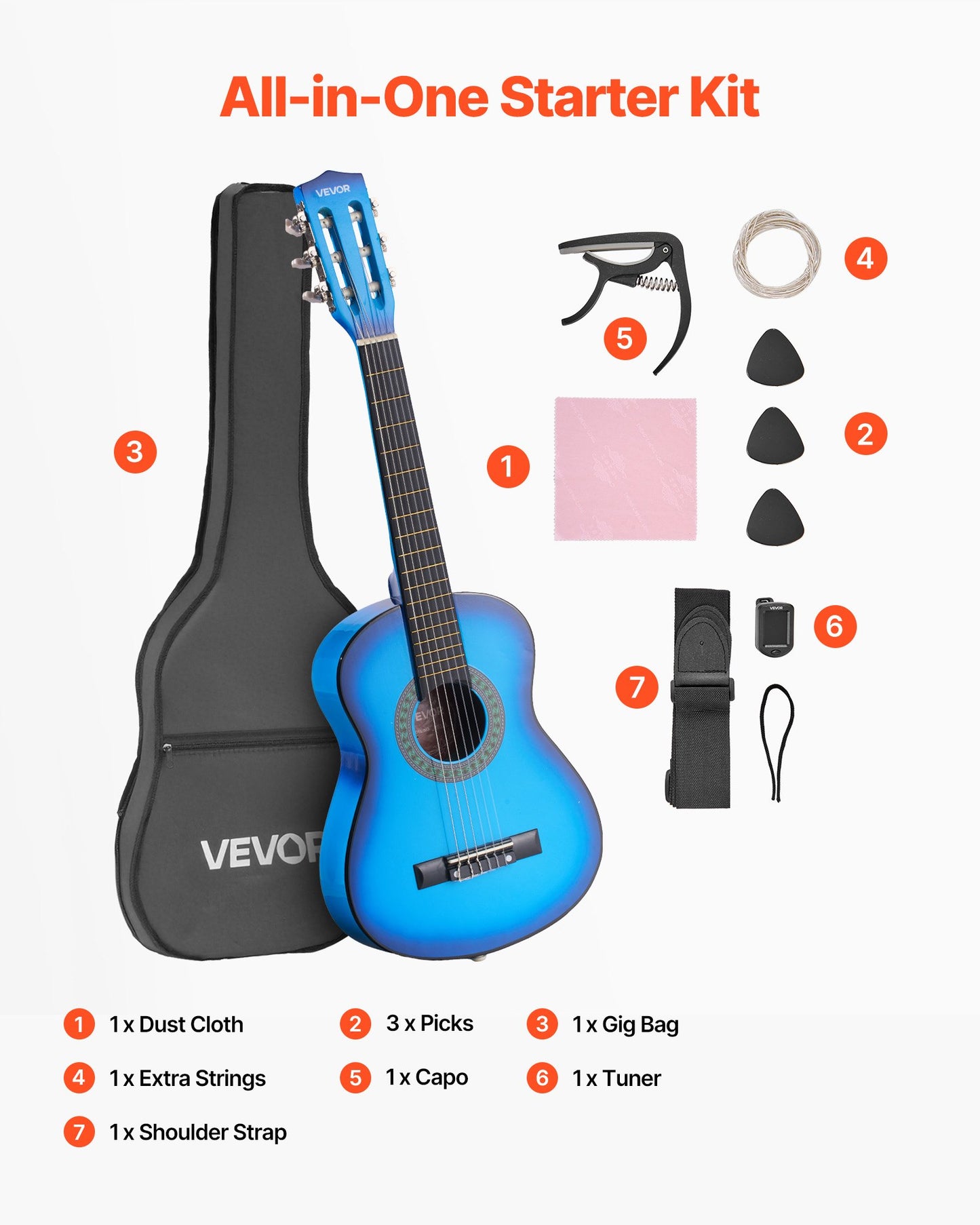 Klassisk gitarr, 780 mm, startkit för klassisk gitarr i trä för nybörjare, med nylonsträngar, gigbag, rem, stämapparat, extra strängar, plektrum, capo, linsträ, för barn flickor pojkar studenter, blå