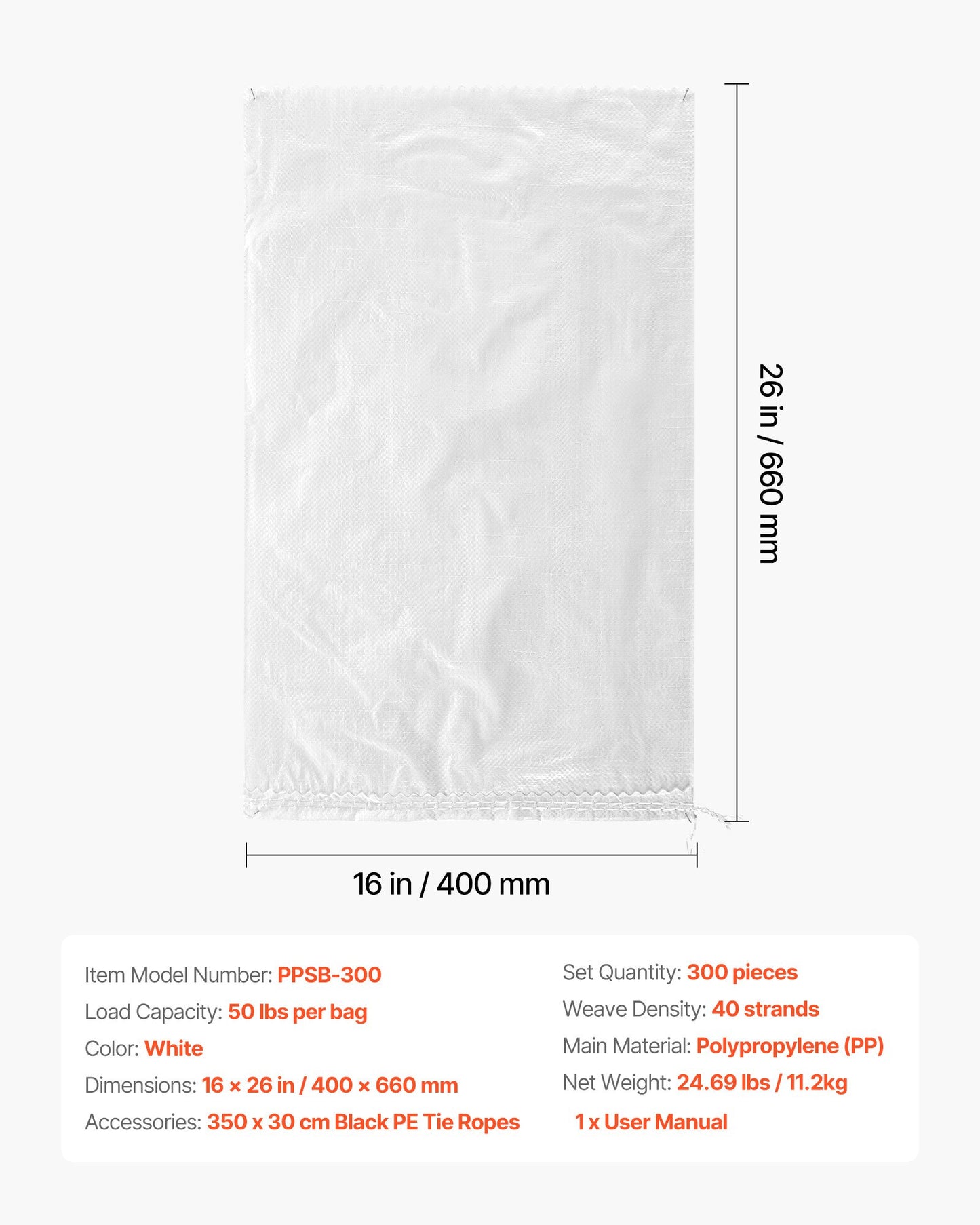 Empty Sandbags, 300 Packs 40 x 66 cm, Heavy Duty Sand Bags Sacks with Ties, 22.6kg Capacity Woven Polypropylene Sandbags, Tear-Resistant & UV-Resistant Sand Bags for Flood Protection Barrier