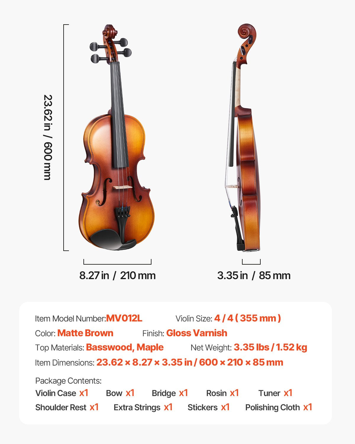 Fiol 355 mm fullstorlek för vuxna, fiolset för nybörjare med hårt fodral, harpiks, stråke, axelstöd, stall, stämapparat och extra strängar, professionella musikinstrument för elever (brun)
