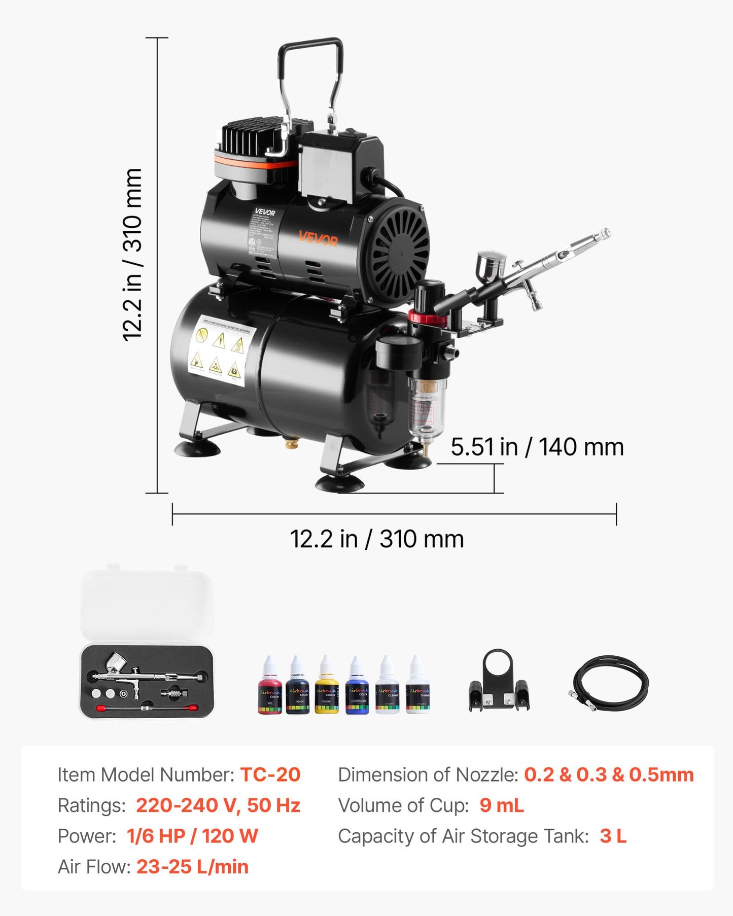 Airbrush-kit, 1/6 hk, Airbrush-kit med luftkompressor och tank, 1 dubbelverkande professionell airbrush med 3 munstycken, akrylfärg, låg ljudnivå, för tårtdekorering, modellmålning, nagelkonst