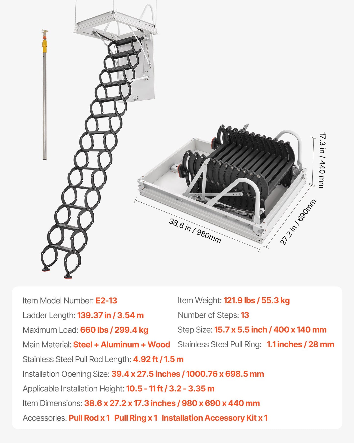 Vindstege, kapacitet 299,4 kg, passar takhöjd 3,2 till 3,2 m och öppningsmått 94 x 61 cm, nedfällbar taktrappa i legerat stål med dragstång för vindsloft