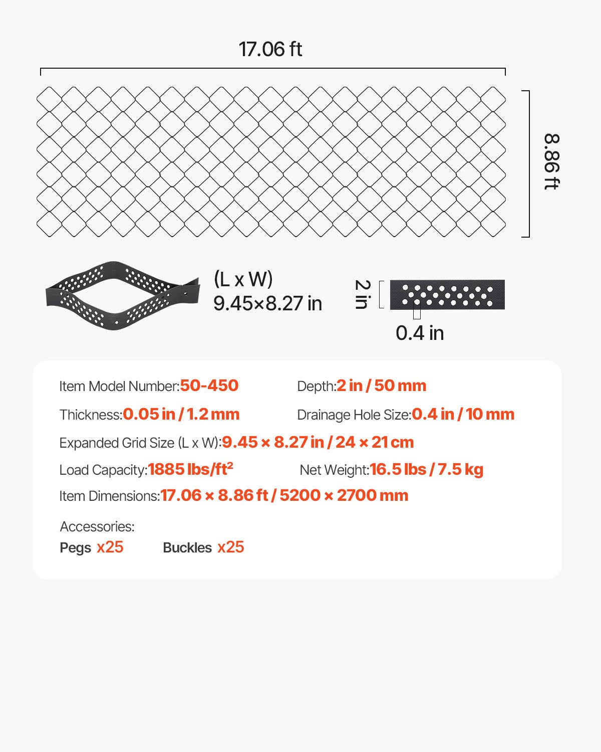 Grusgaller, 5 cm djup, 5200 x 2700 mm, 1880 kg per kvadratfot gräsmarksstöd, permeabla geogaller för uppfartsstabilisering, för trädgård, uteplats, gångväg, sluttningar för husbilsparkering
