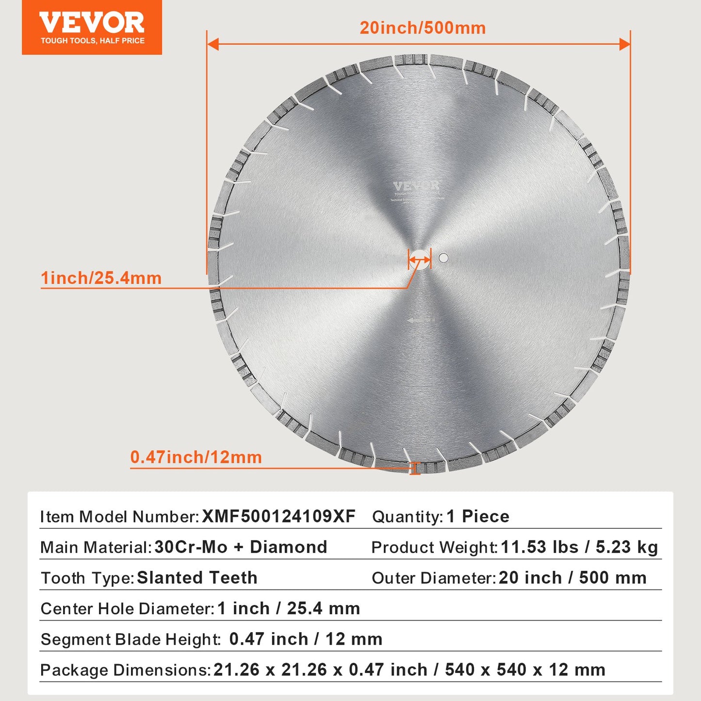 Diamantklinga, 20 tum/500 mm betongsågklinga för vått eller torrt sågblad, 0,47 tum/12 mm sneda tänder diamantsegmentklinga, universal 1 tum/25,4 mm centrumhålsdiameter, för betong, cementskiva, kakel, tegel