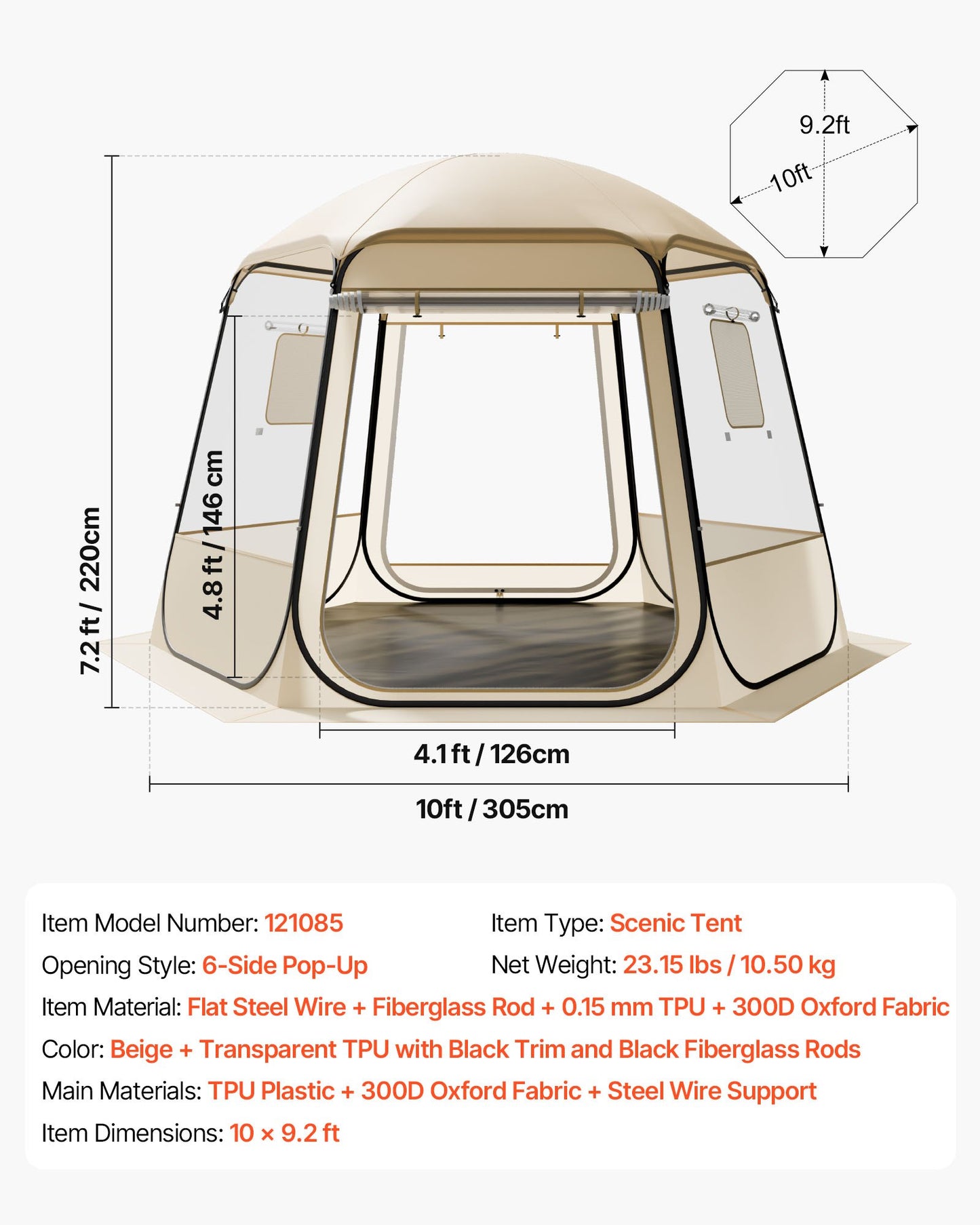 Pop-up bubbeltält, 3,05 x 2,75 m vattentätt och UV-resistent, genomskinligt campingtältskydd, utomhusträdgårdskupoltält med fönster, 540° panoramautsikt, för 4-8 personer uteplats bakgård