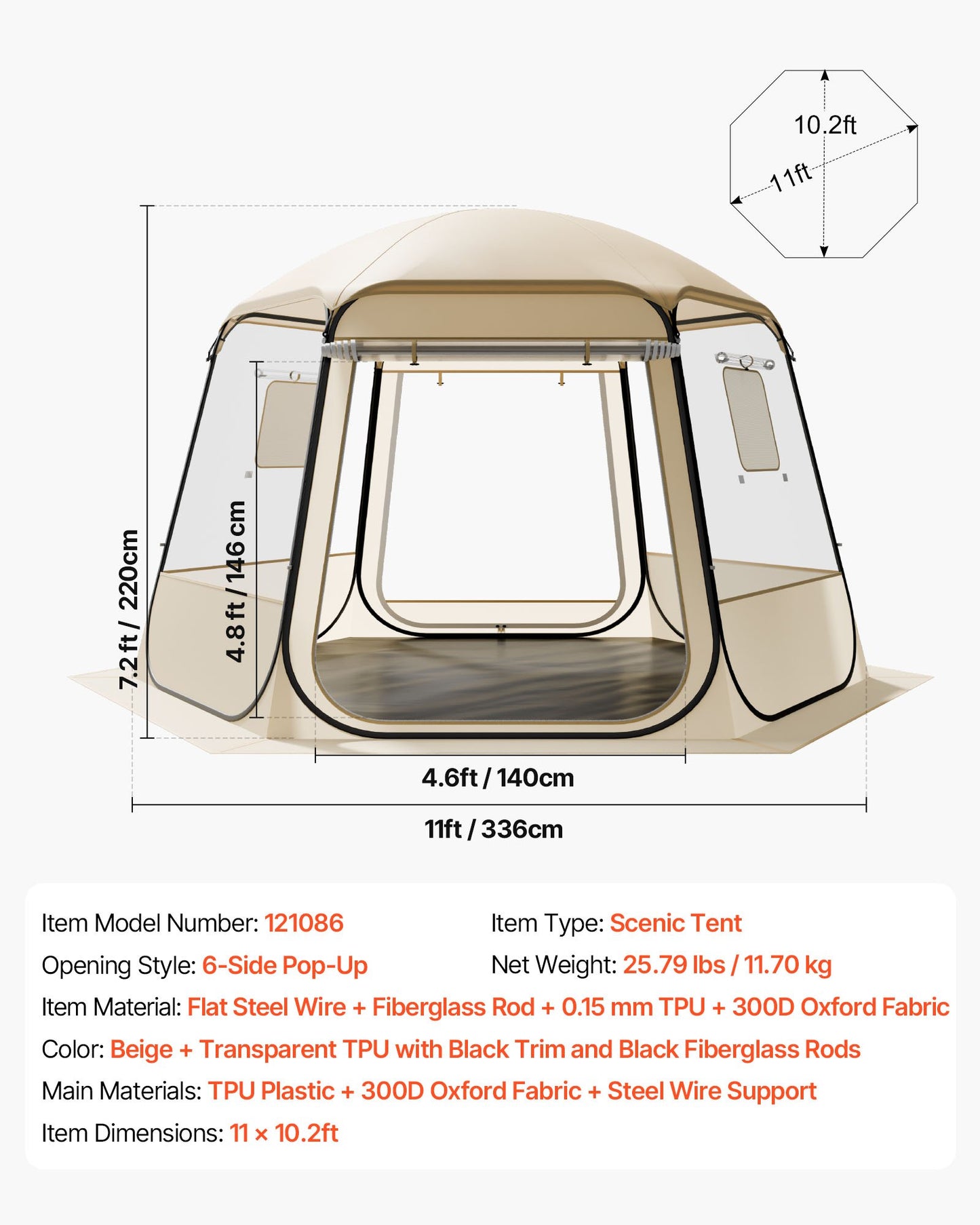 Pop-up bubbeltält, 3,36 x 3,05 m vattentätt och UV-resistent, genomskinligt campingtältskydd, utomhusträdgårdskupoltält med fönster, 540° panoramautsikt, för 8-10 personer uteplats bakgård