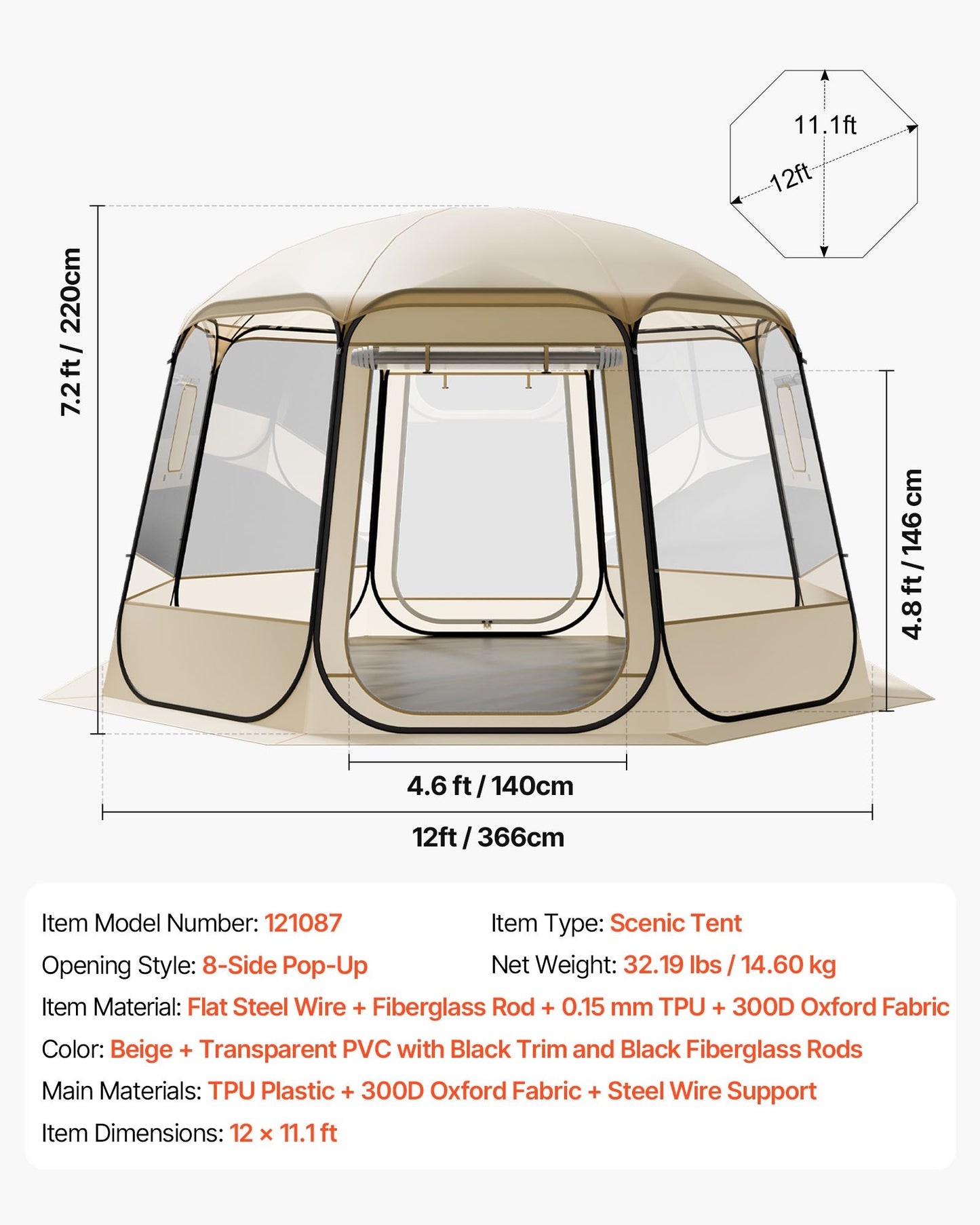 Pop-up bubbeltält, 3,36 x 3,45 m vattentätt och UV-resistent, genomskinligt campingtältskydd, utomhusträdgårdskupoltält med fönster, 540° panoramautsikt, för 10-12 personer uteplats bakgård