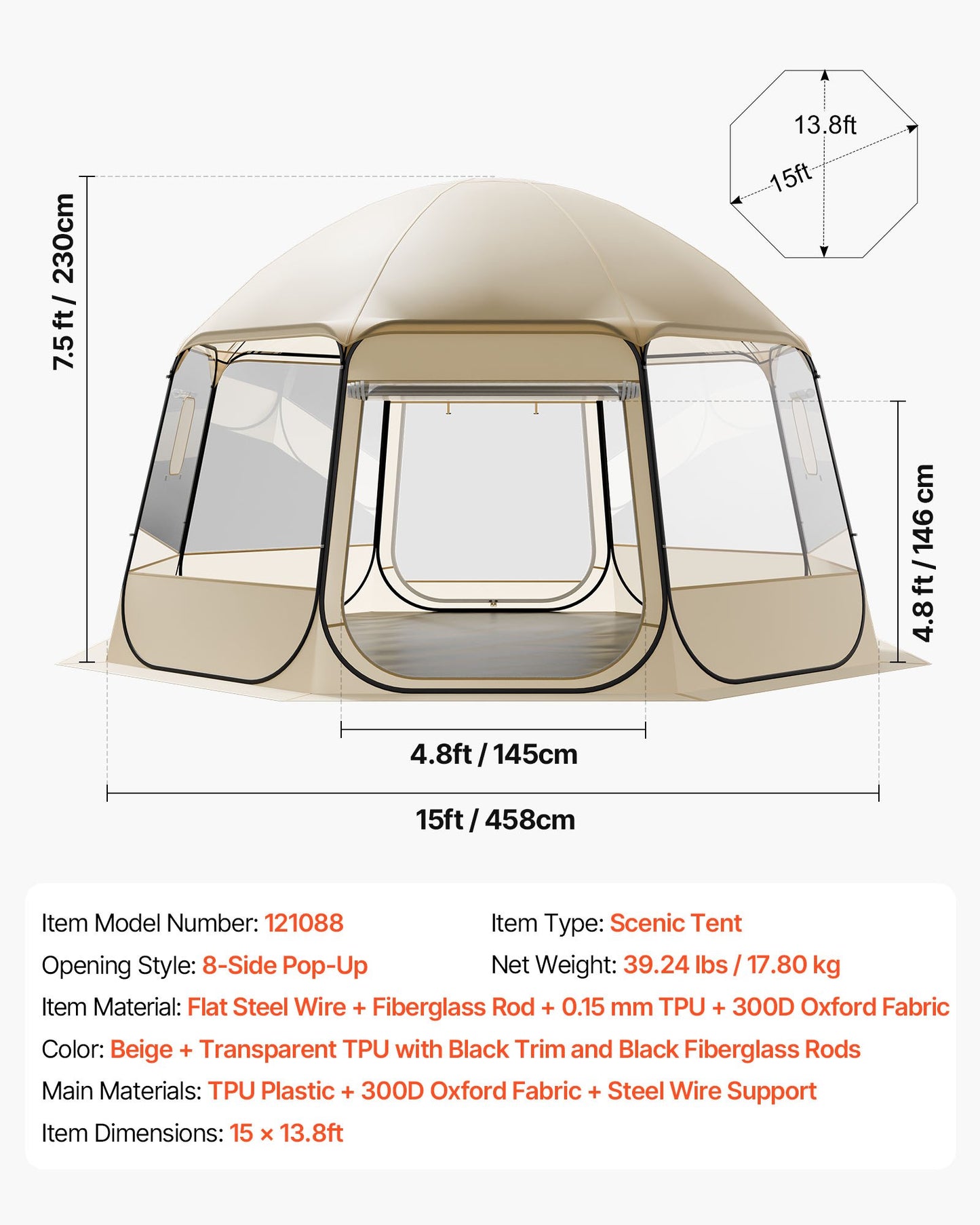 Pop-up bubbeltält, 4,58 x 4,32 m vattentätt och UV-resistent, genomskinligt campingtältskydd, utomhusträdgårdskupoltält med fönster, 540° panoramautsikt, för 12-15 personer uteplats bakgård