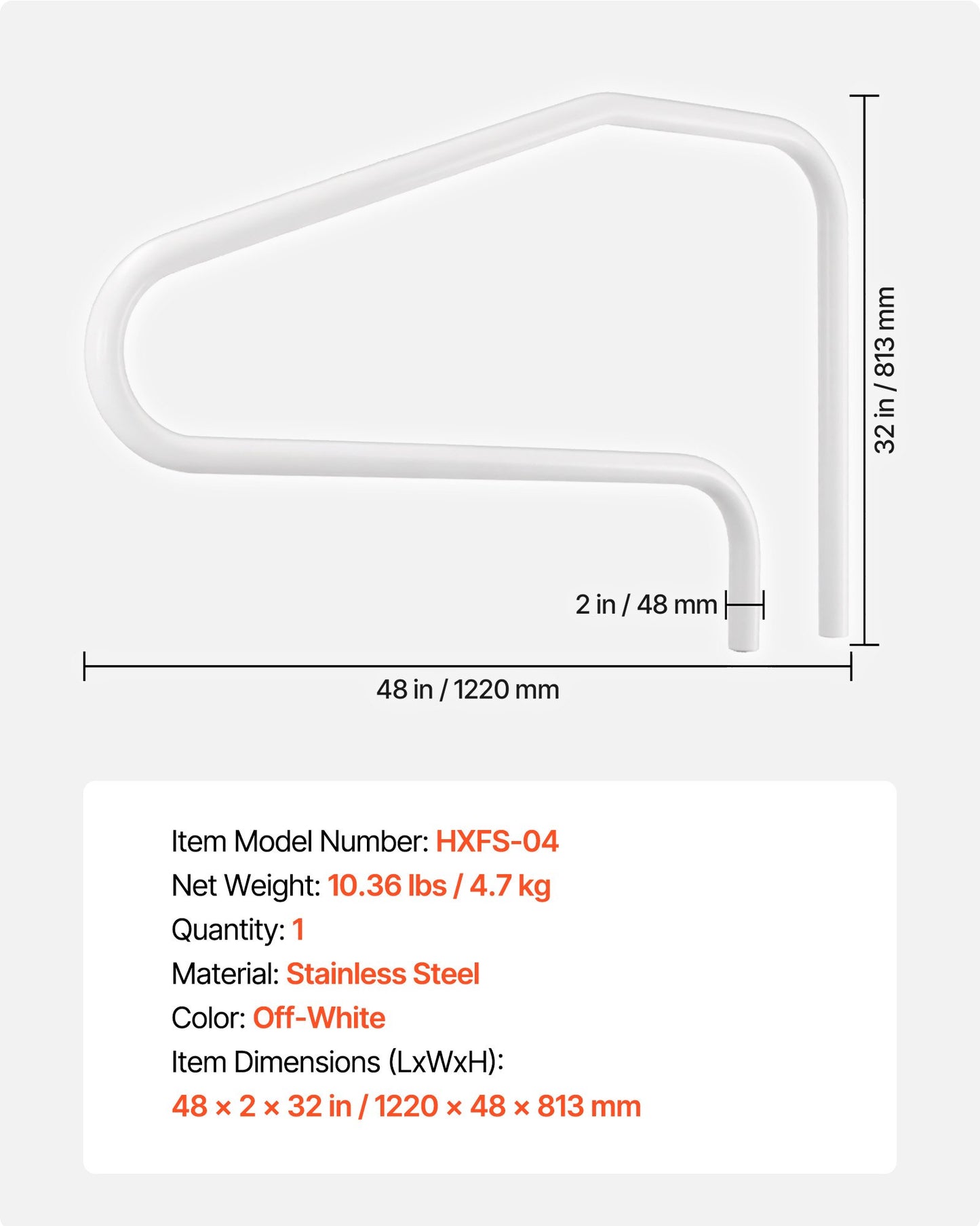 Pool Rail, 122 x 81.3 cm Pool Handrail, 100kg Load Capacity Heavy Duty Stainless Steel Swimming Handrail, Seamless Welding, Recessed or Base Mount, for Poolside, Water Parks, Spa Centers