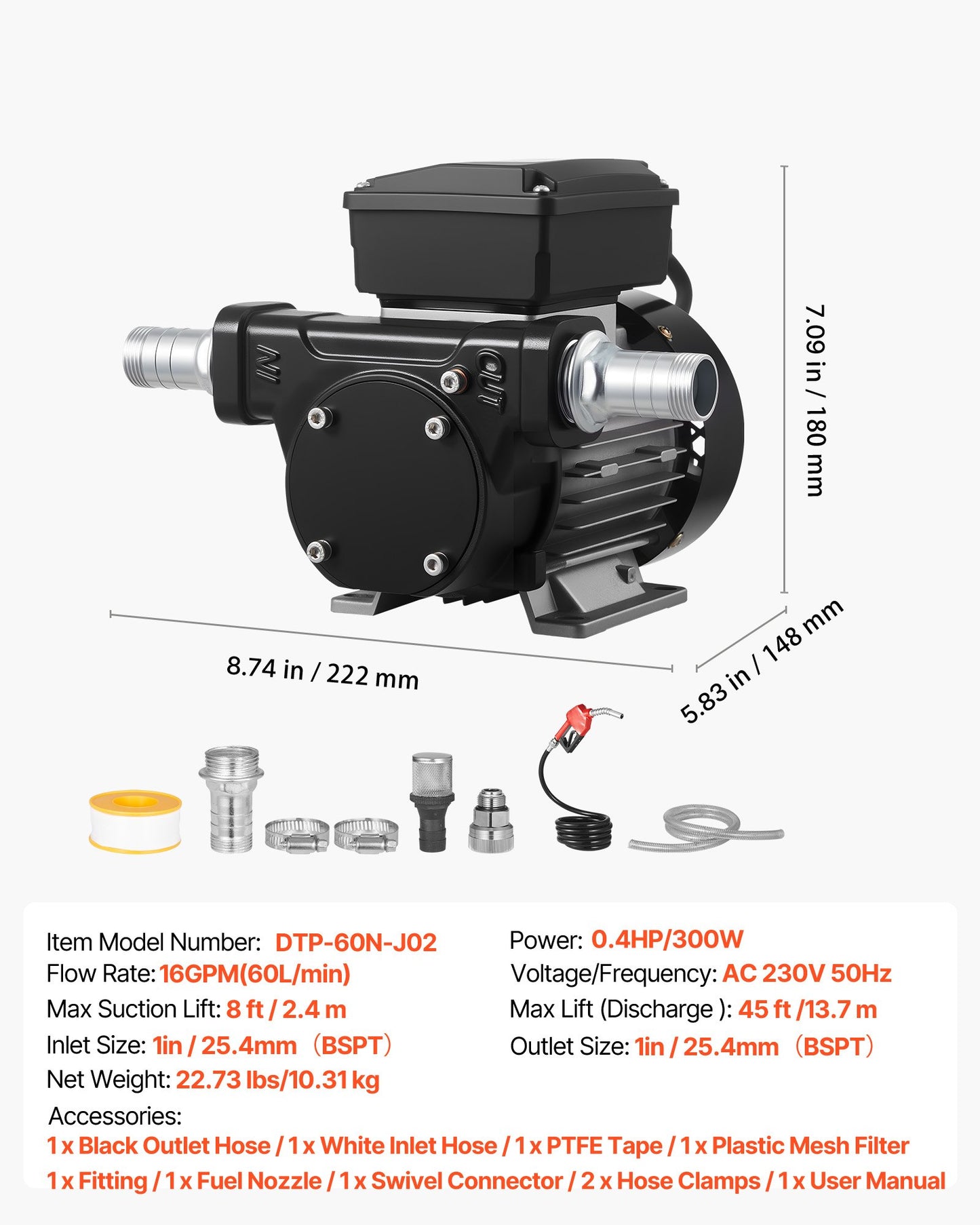 Bränsleöverföringspump 230V, 16 GPM 60 L/min, AC elektrisk oljeöverföringspump för diesel, fotogen och biodiesel, med automatiskt bränslemunstycke och 2 slangar, 45 ft/13,7 m maxlyft, för fordon, byggarbetsplatser